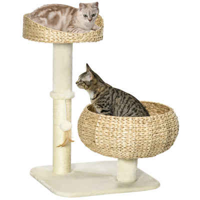 PawHut Kratzbaum Kletterbaum mit 2 Katzenbetten, waschbaren Kissen, Beige+Cremeweiß, 48B x 48T x 72H cm