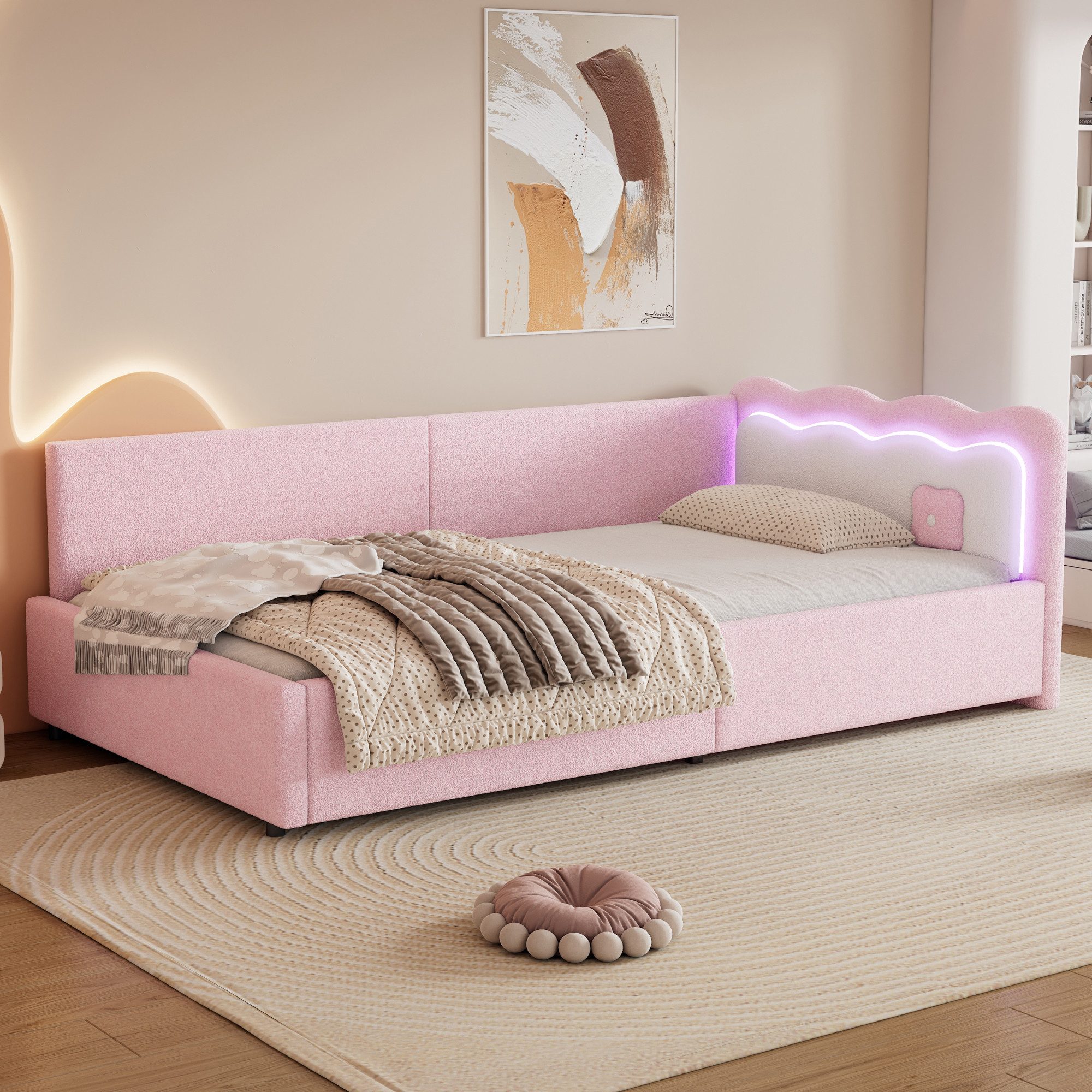 Flieks Daybett, Polsterbett Einzelbett Schlafsofa 90x200cm LED-Licht mit Fe günstig online kaufen