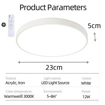 Natsen Deckenleuchte Runde LED Deckenlampe, 12W, LED fest integriert, Warmweiß 3000K, Schlafzimmer Lampe Küchenlampe 23x23x5 cm, Weiß