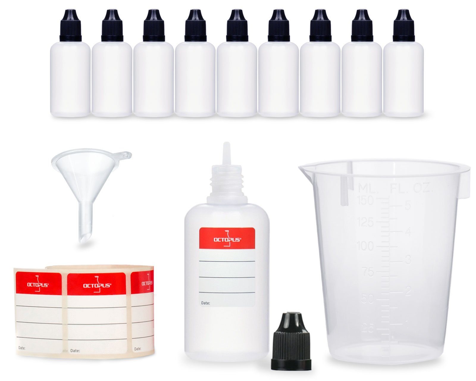 OCTOPUS Kanister 10 Plastikflaschen 50 ml LDPE, G14, Tropfeinsatz, Deckel schwarz, (10 St)