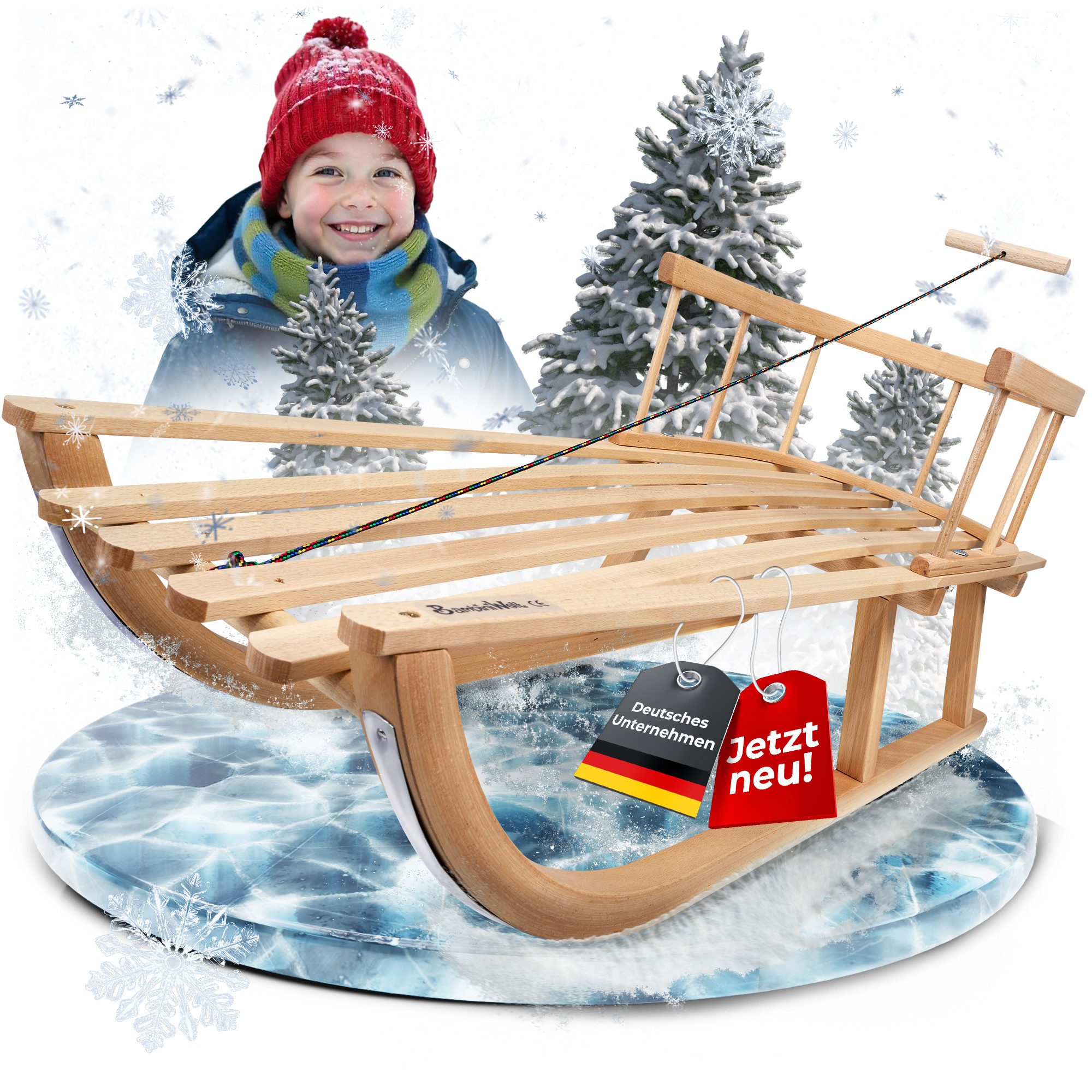 BambiniWelt by Rafael K. Davoser Schlitten CE-Holzschlitten mit Rückenlehne Rodel Kinder Schlitten 90cm