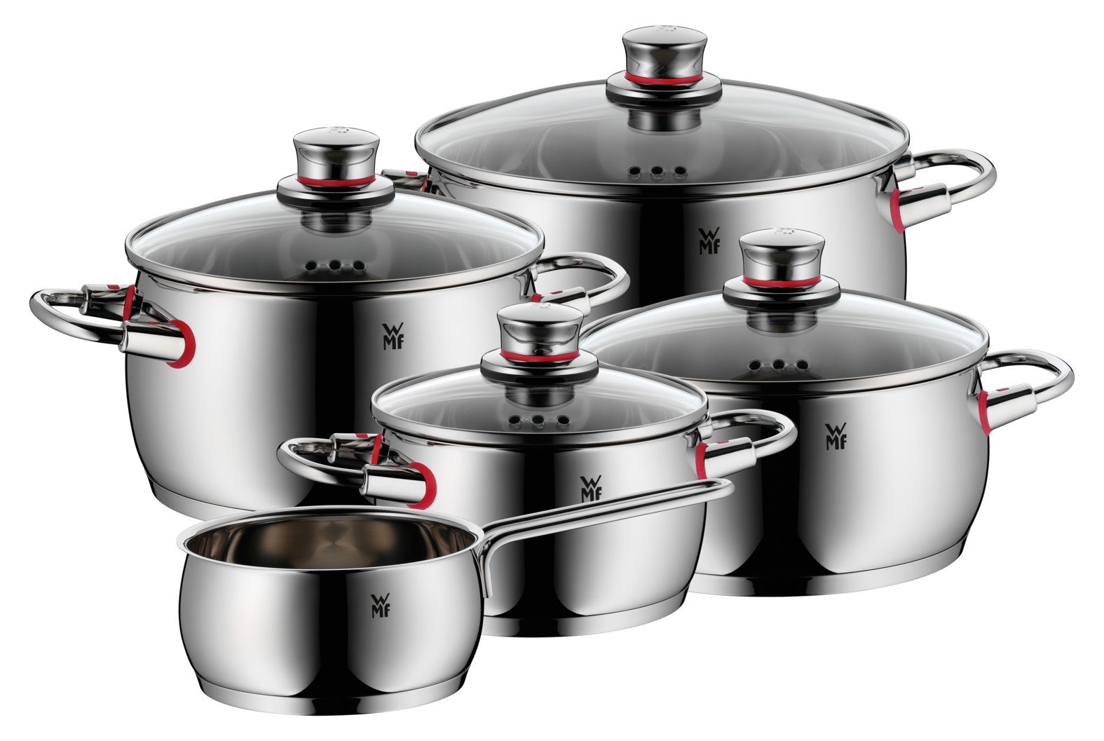 WMF Topf-Set Quality One Induktion 5-teilig, Kochtopf Set mit Glasdeckel, Cromargan® Edelstahl Rostfrei 18/10 (Set, 5-tlg., Bratentopf Ø 20 cm, Fleischtopf Ø 16/20/24 cm, Stielkasserolle Ø 16 cm), Induktions Töpfe Set unbeschichtet, für alle Herdarten geeignet