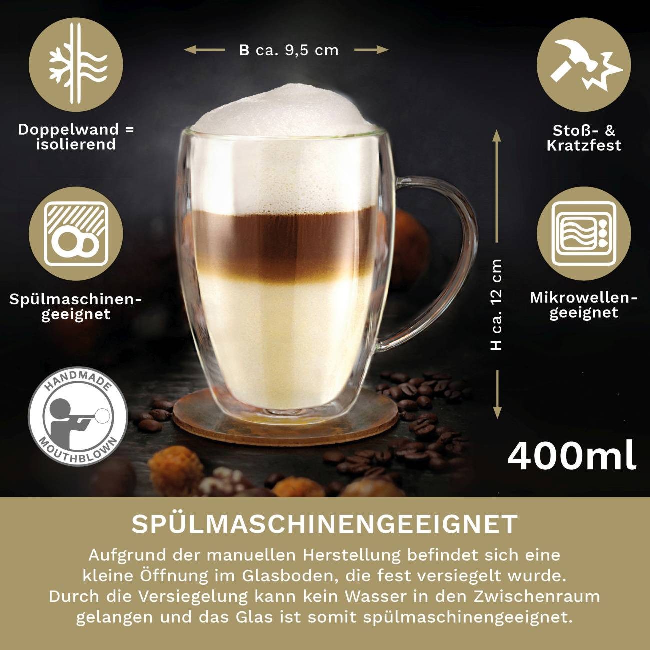 Creano Teeglas Thermoglas “hoch” mit Henkel 400ml 2er-Set, 2-tlg., Borosilikatglas, 2 Gläser