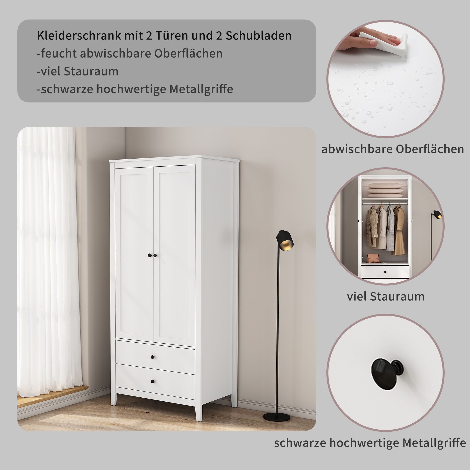 OTTO home Kleiderschrank Borkum Sideboard Anrichte mit 6 Schubladen Landhaus weiß (hochwertige schwarze Griffe aus Metall) Schlafzimmerschrank mit 2 Türen und 2 – Bild 3 von 5