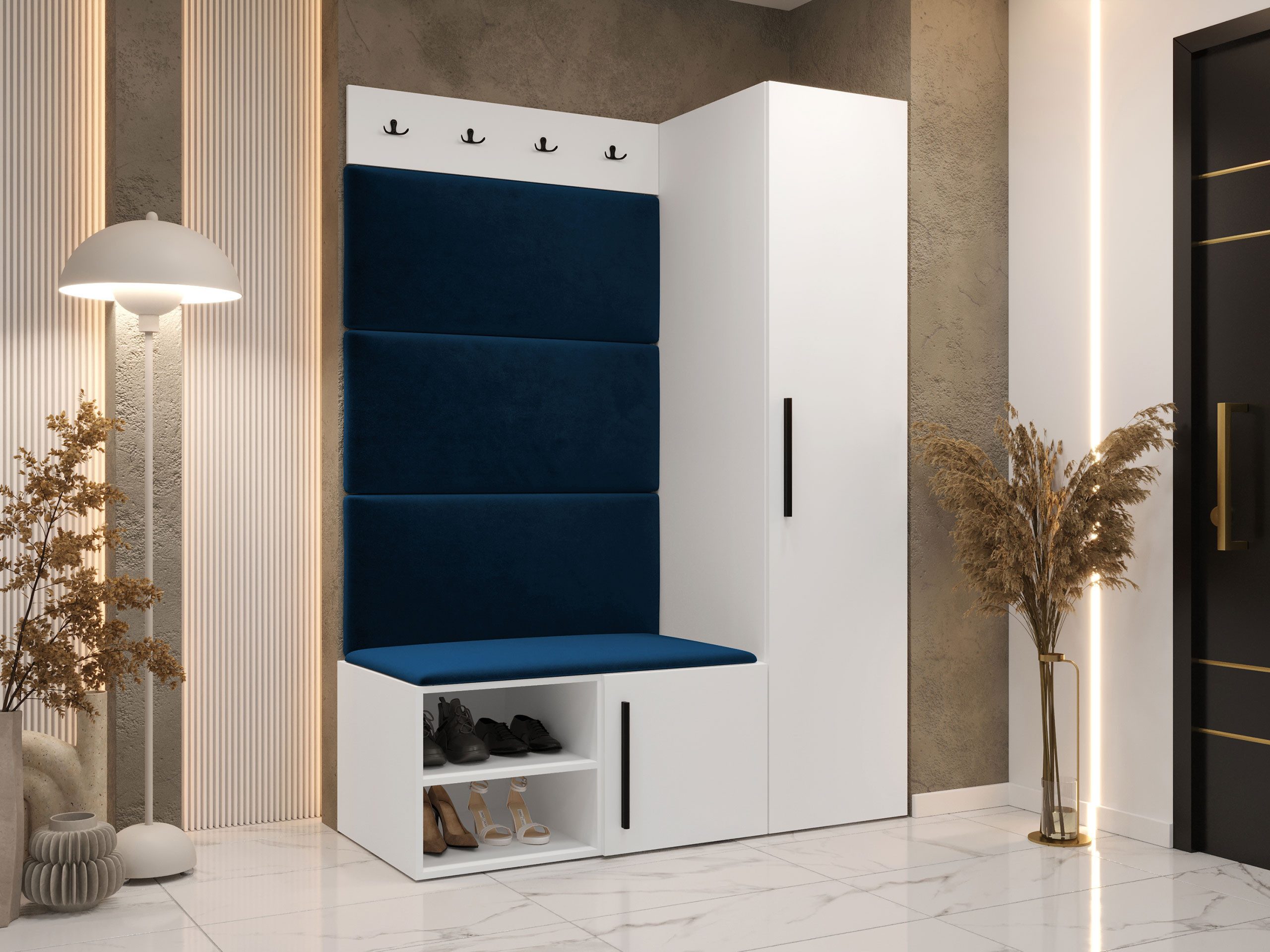 MIRJAN24 Garderoben-Set Medi II, (Drehtürenschrank, Schuhschrank, 4x Paneel 84x42), 4 Kleiderhaken für Kleidung