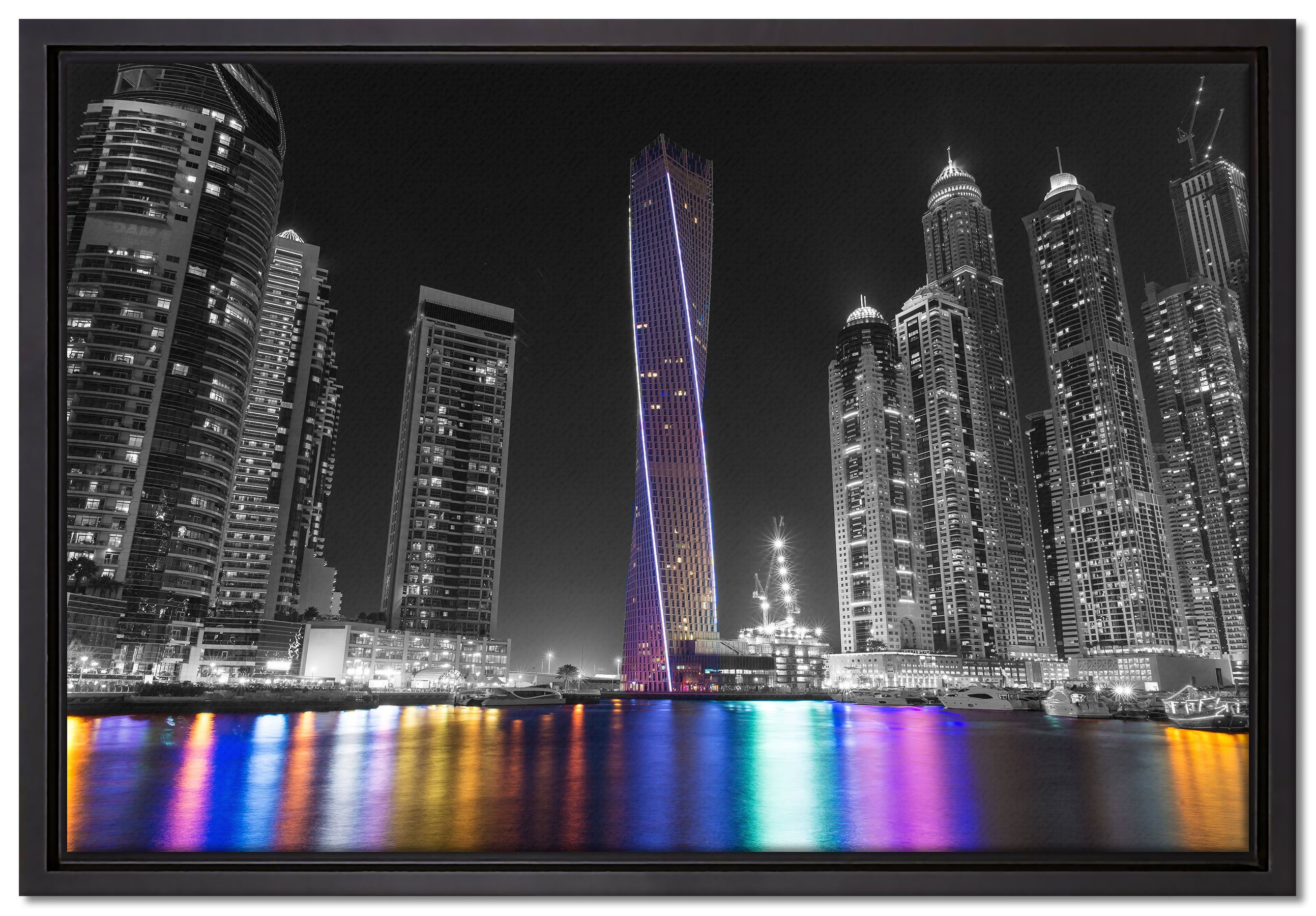 Pixxprint Leinwandbild fertig bespannt, Wanddekoration gefasst, St), (1 Leinwandbild von bei Zackenaufhänger Schattenfugen-Bilderrahmen Dubai einem Skyline in inkl. Nacht