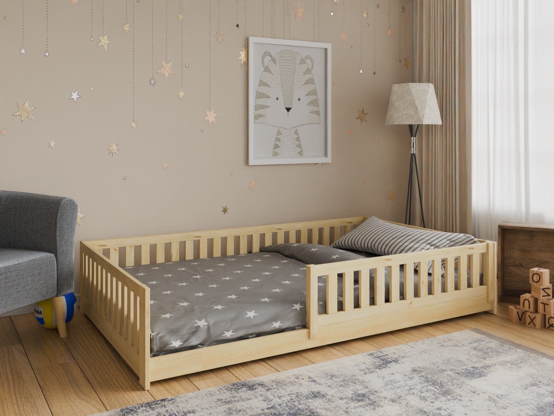 thematys Kinderbett Bodenbett mit Rausfallschutz für Kinder - MADE IN EU - Montessori (140x200cm - weitere Größen 80x160, 80x180, 90x200, 120x200 verfügbar, für Kinder Jungen und Mädchen Jugendbett Einzelbett Montessori), aus Kieferholz massiv