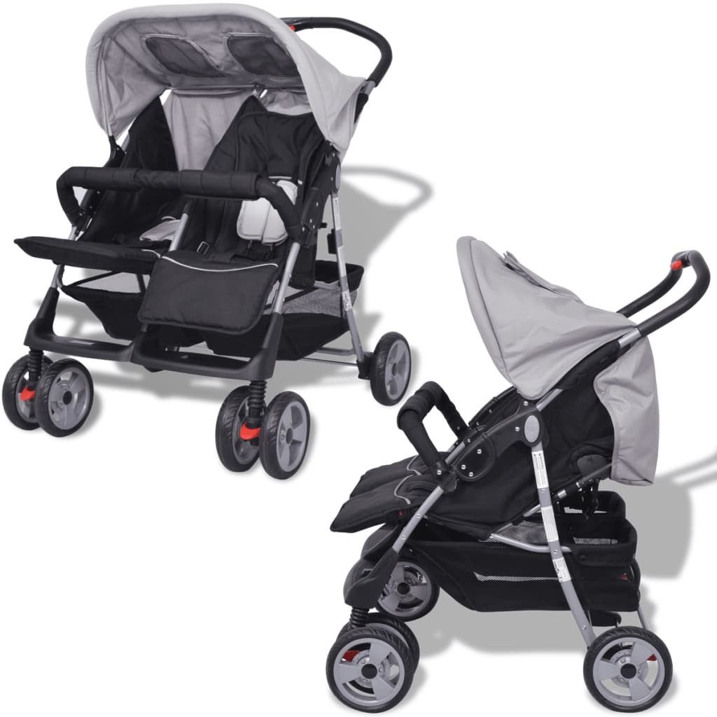vidaXL Kombi-Kinderwagen Kinderwagen Kinderkarre Baby Zwillingswagen Buggy Stahl Grau und Schwa