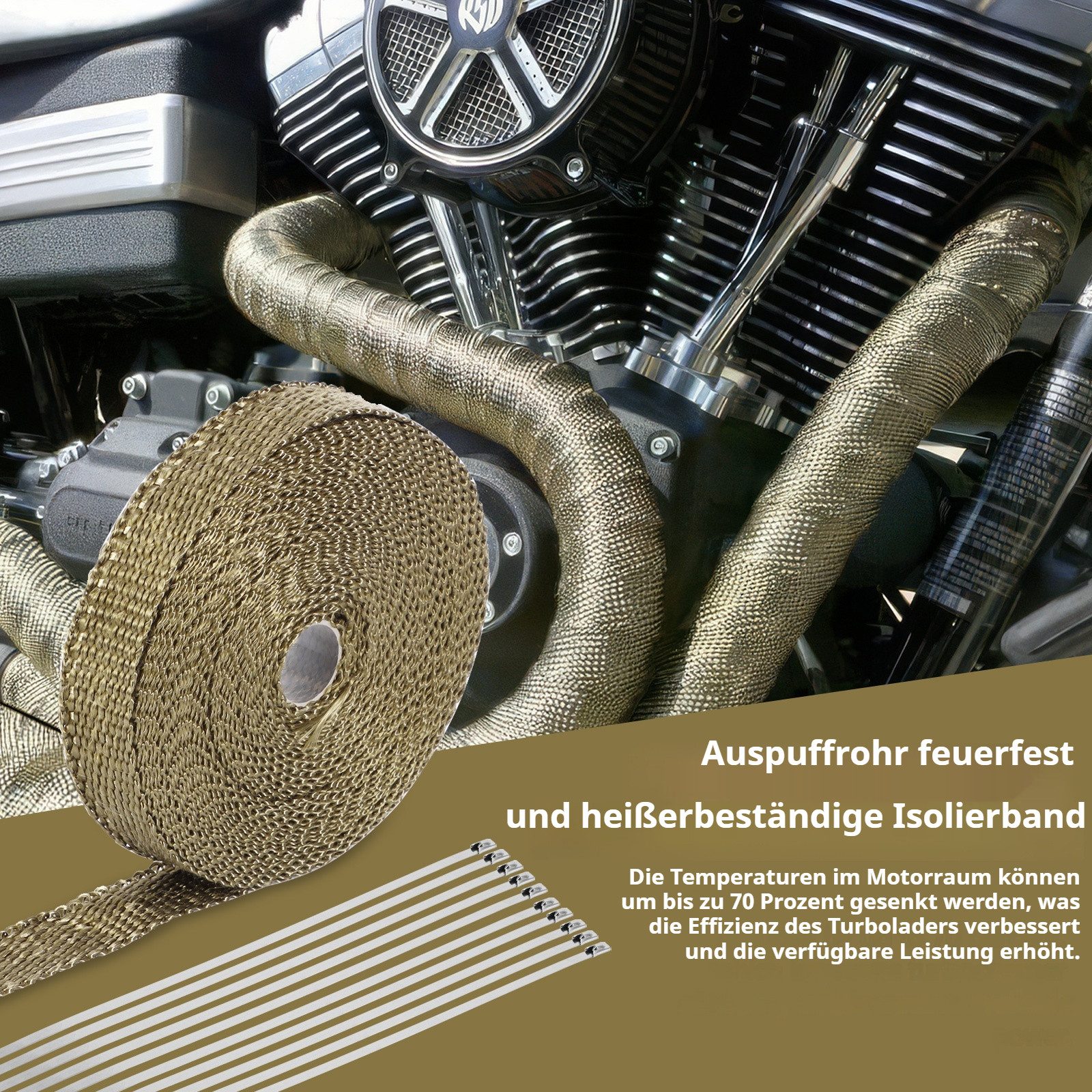 BlingBin Auspuff-Flexrohr Hitzeschutzband Basaltfaser Auspuffband mit Kabelbindern, (1er set, 1-tlg), Für Auspuffanlagen, Krümmer und alle wärmedämmenden