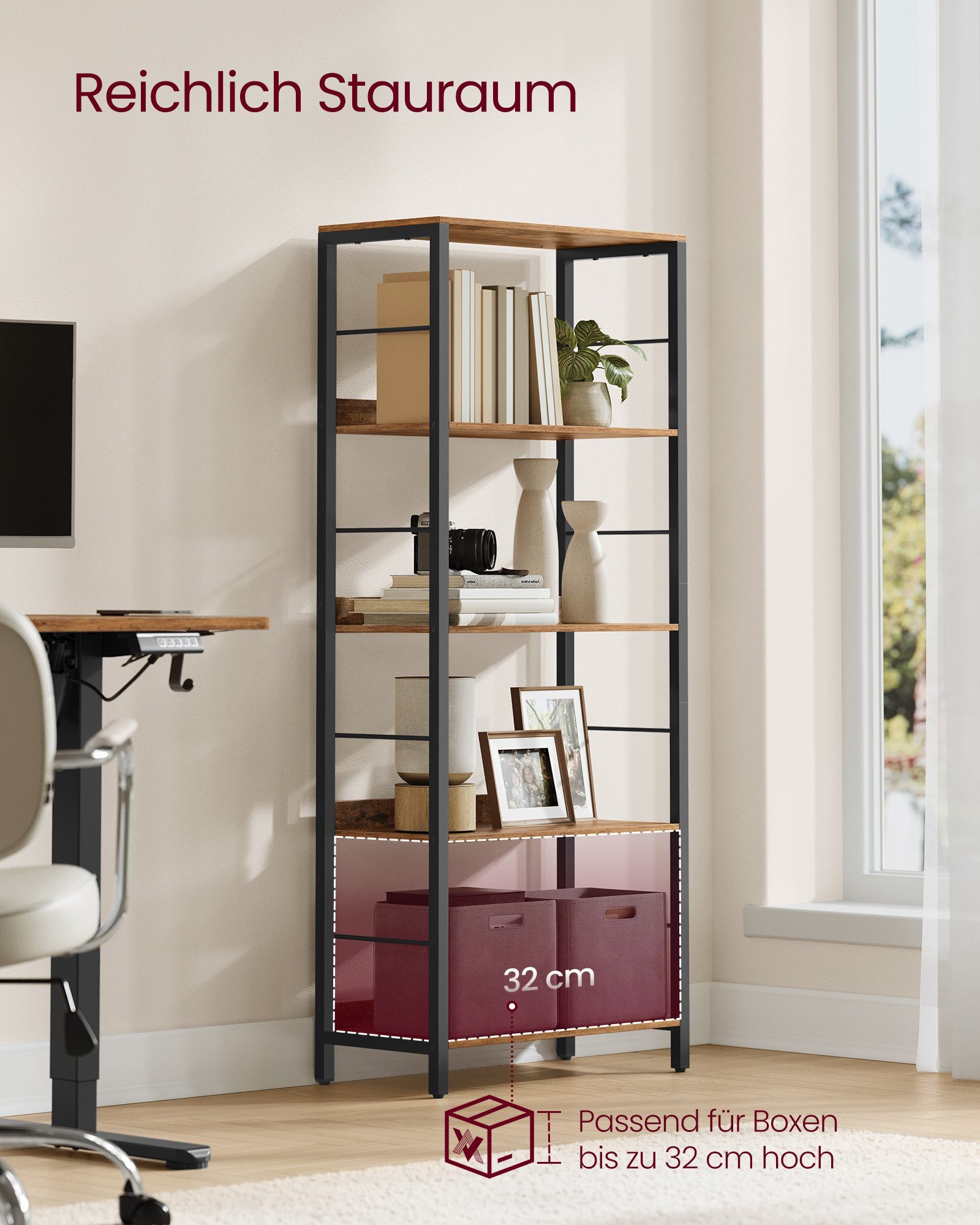 VASAGLE Bücherregal, 5 Ebenen, Aufbewahrungsregal, mit Rückplatten, für Wohnzimmer