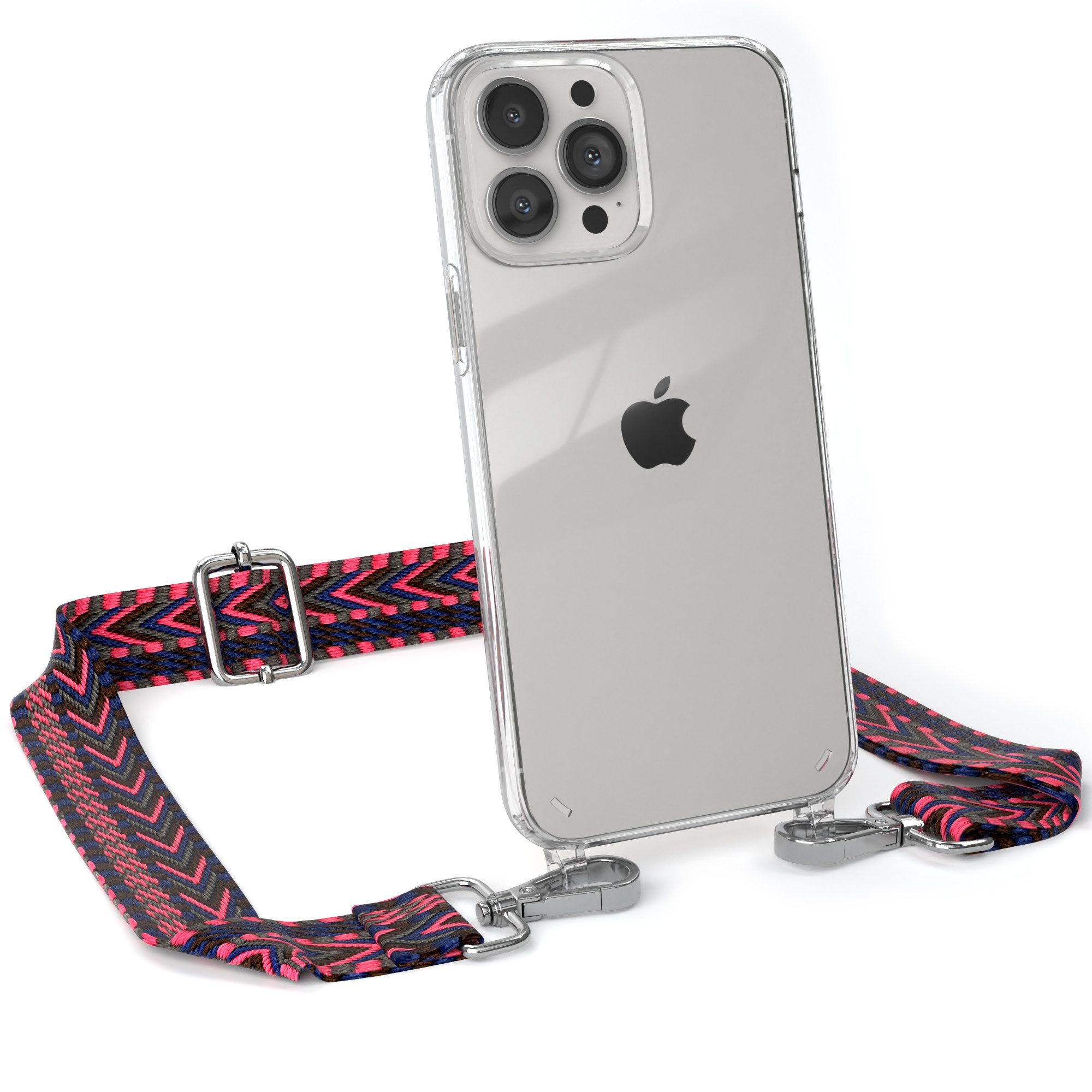 EAZY CASE Handykette Boho Umhängeband für Apple iPhone 13 Pro Max 6,7 Zoll, Verstellbarer Trageriemen mit Case transparent DIY Gürteltasche Pink