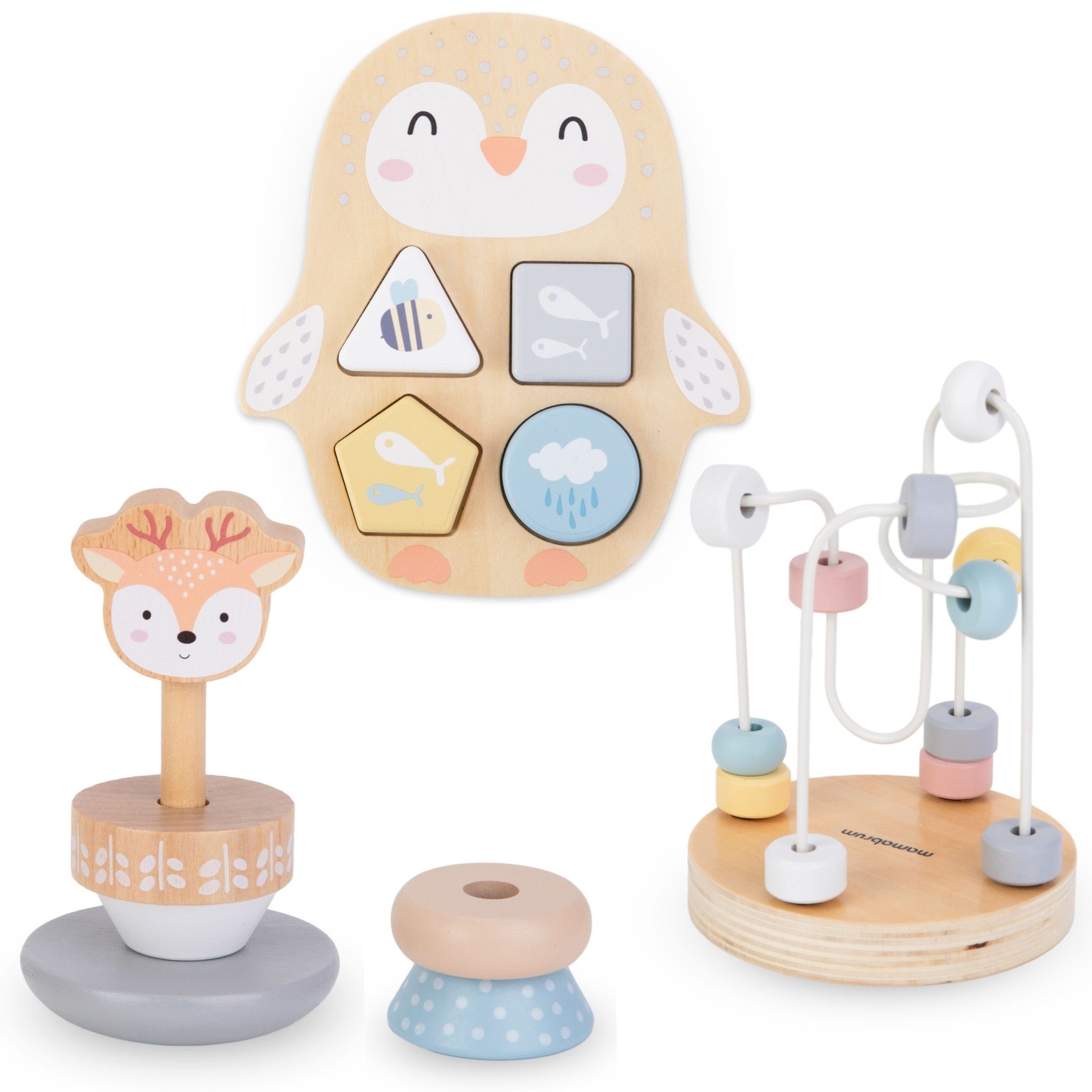 Mamabrum Spielcenter Holzspielzeug-Set – Motorikschleife, Steckspiel und Stapelspiel