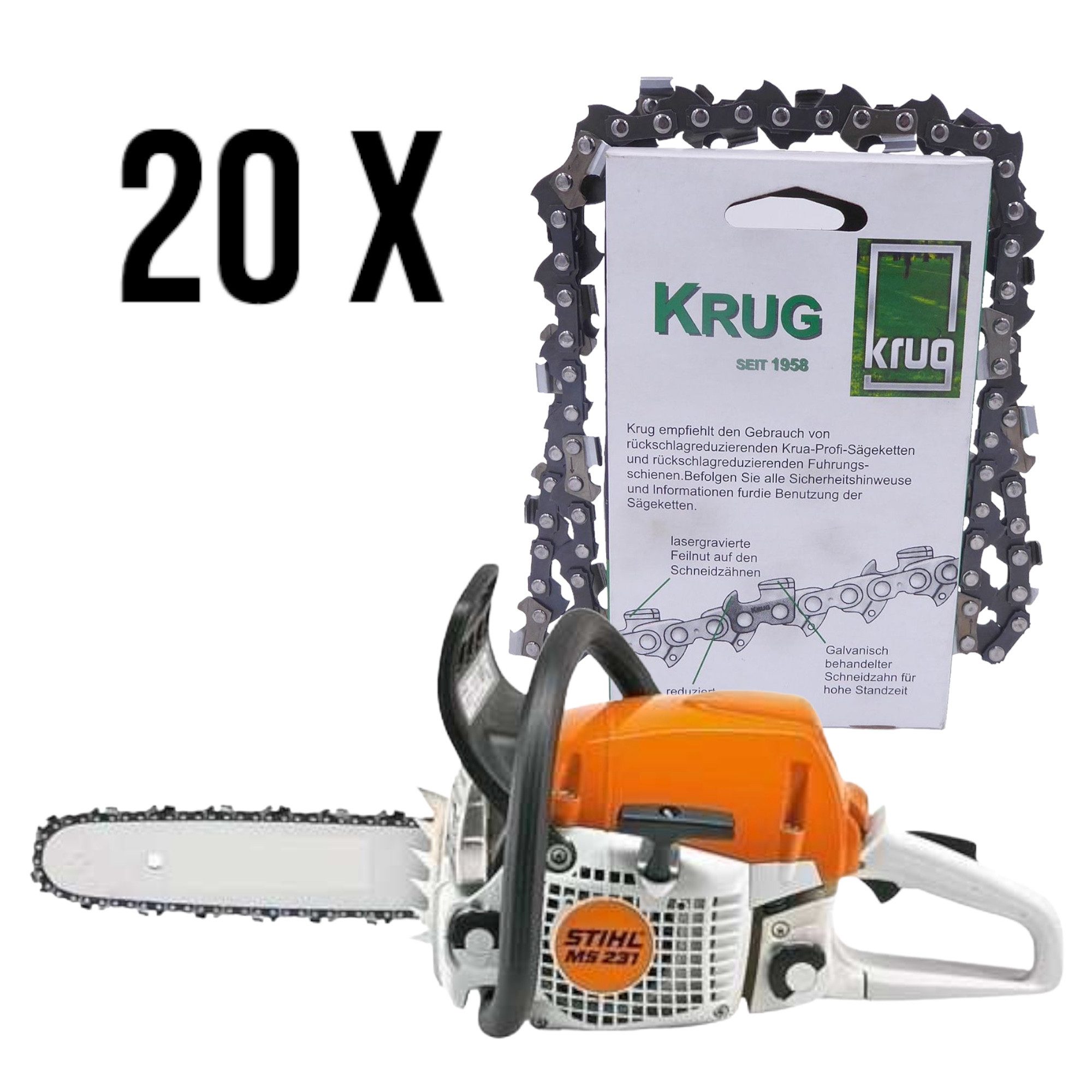 STIHL Benzin-Kettensäge Set: Stihl MS 231 Motorsäge + 20 Profi C Sägeketten (35 cm)