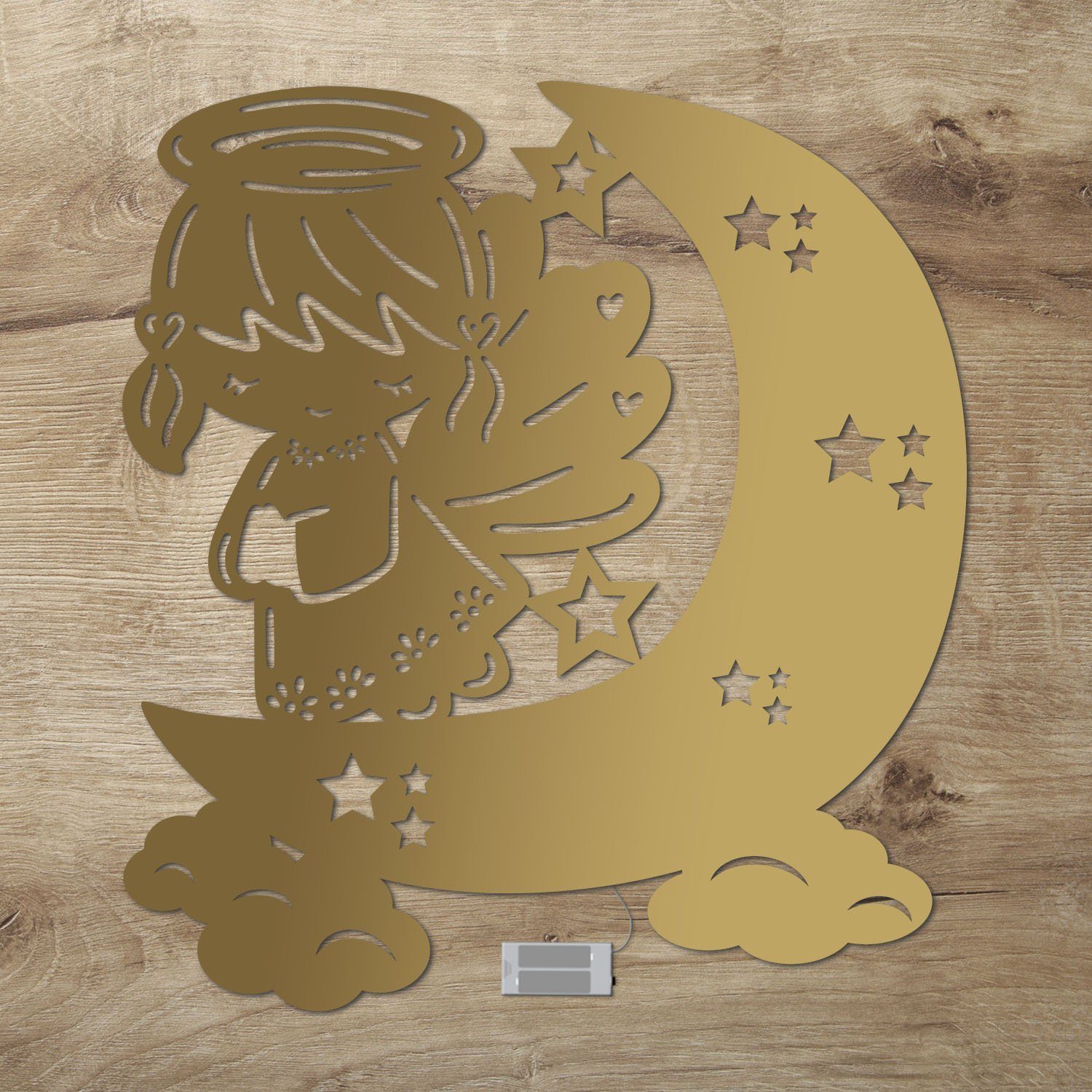Namofactur LED Nachtlicht Mond Engel Nachtlicht Holz Wandlampe für Kinder I Kinderzimmer, Ohne Zugschalter/Stern, LED fest integriert, Warmweiß