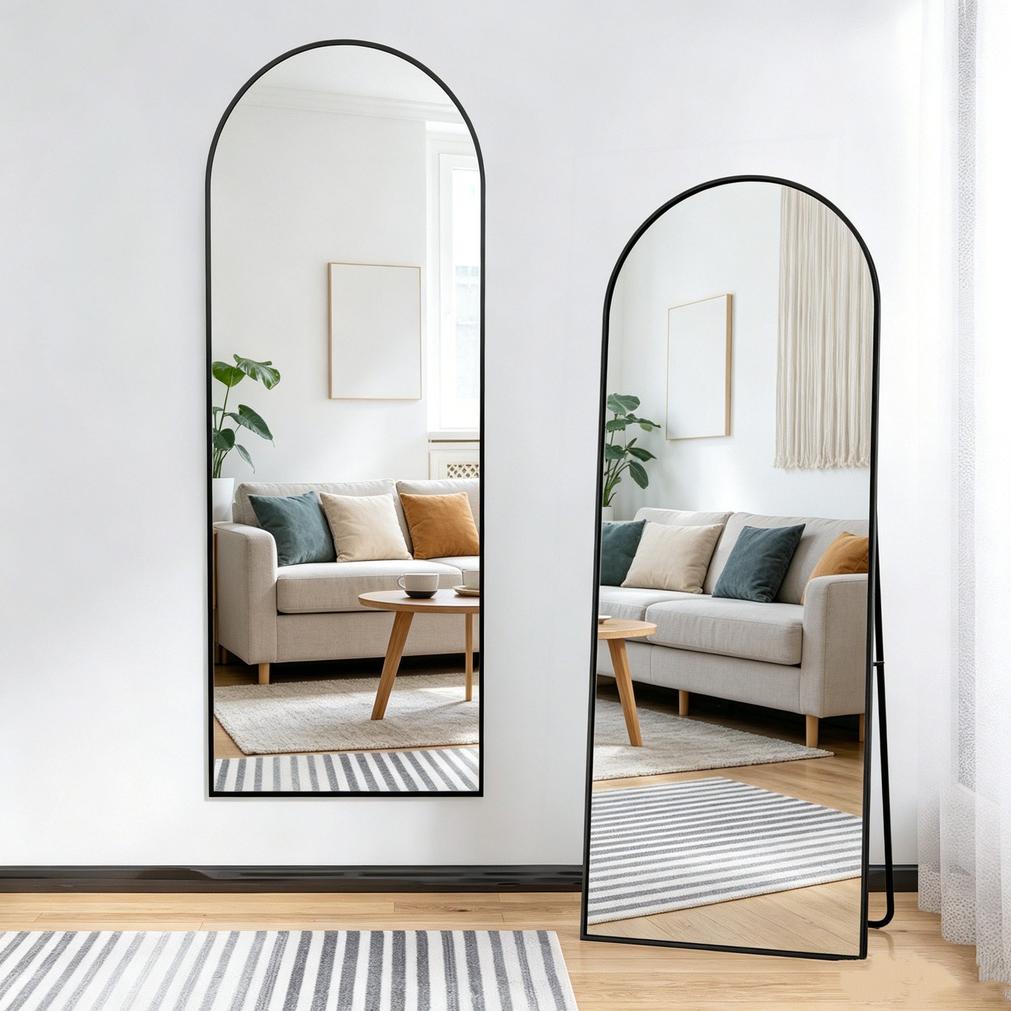 Simurq Standspiegel Standspiegel Ganzkörperspiegel, Rahmen aus Aluminiumlegierung,Hartglas (Standspiegel 164x54 cm Ganzkörperspiegel, Stehend oder Hängend), für Schlafzimmer, Wohnzimmer (Schwarz - halbrund)
