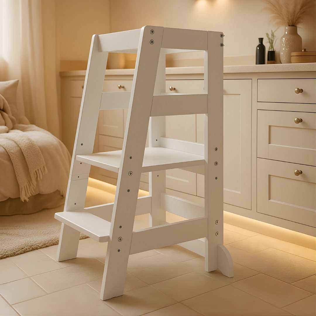 Alavya Home® Stehhilfe Lernturm NEO – Bestseller! FSC 100%, ab 1 Jahr, bis 70 kg belastbar (2 Jahre gesetzliche Gewährleistung), Learning Tower Tritthocker, Kippschutz aus Buchenholz Höhenverstellbar