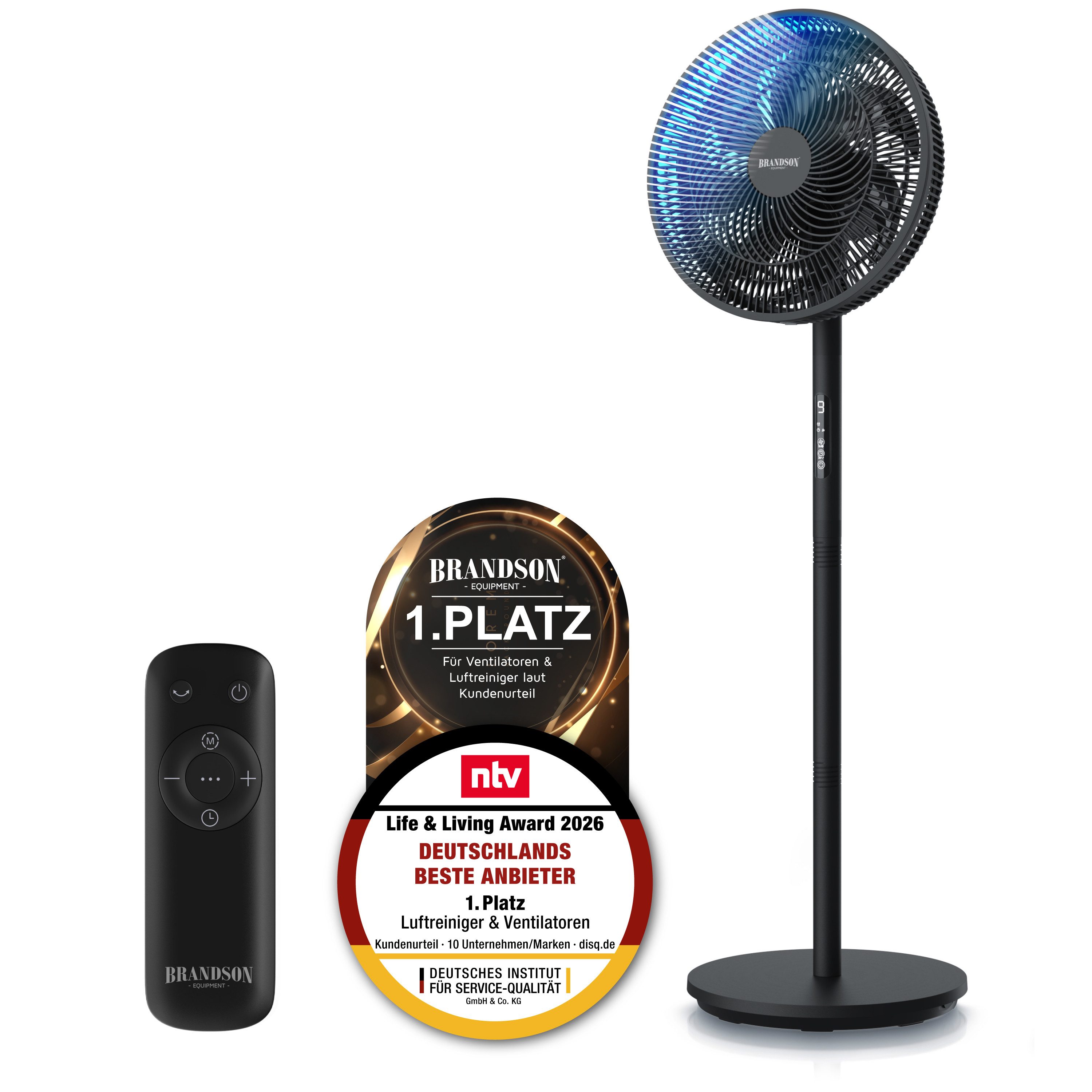 Brandson Standventilator DC, leise, energiesparend, Oszillation, Timer, Fernbedienung, 30 Watt, 39.8 cm Durchmesser, Preisträger 2026, 9 Geschwindigkeitsstufen, Lüfter, höhenverstellbar