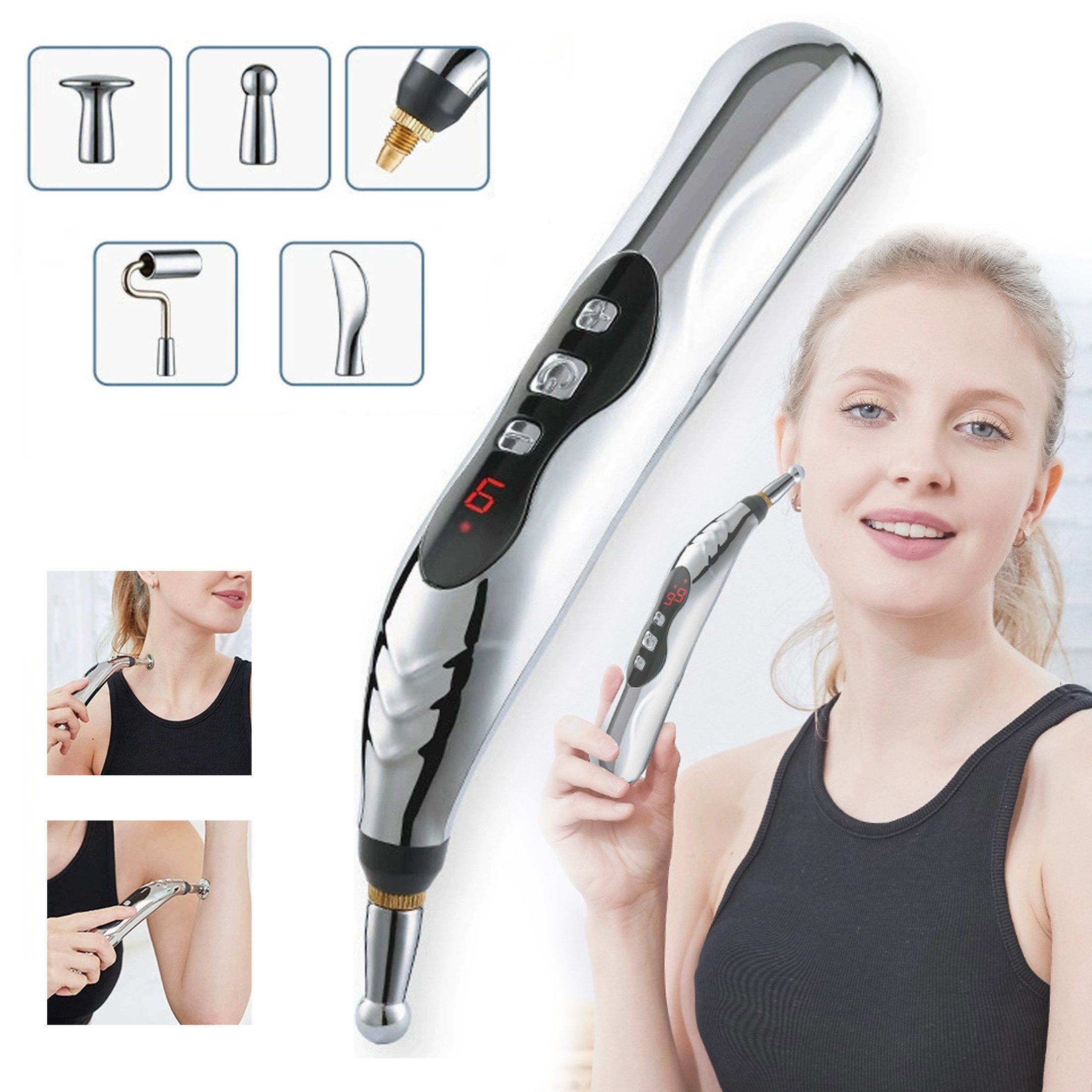 Massagegerät 9-Gang-Massagestab, Akupunkturstift mit 5 Massageköpfen