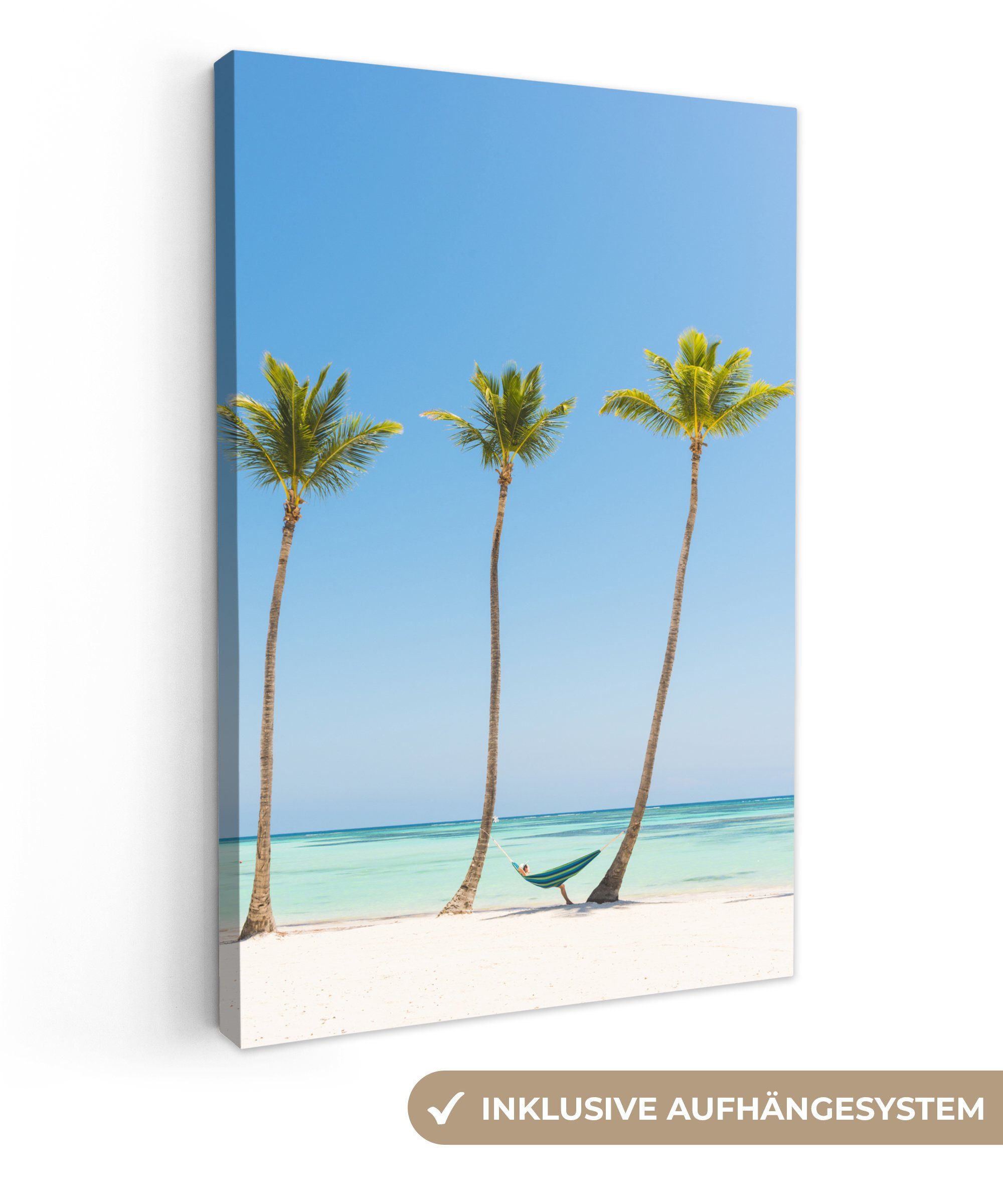 OneMillionCanvasses® Leinwandbild Karibischer Strand 3 Palmen, (1 St), Leinwandbild fertig bespannt inkl. Zackenaufhänger, Gemälde, 20x30 cm