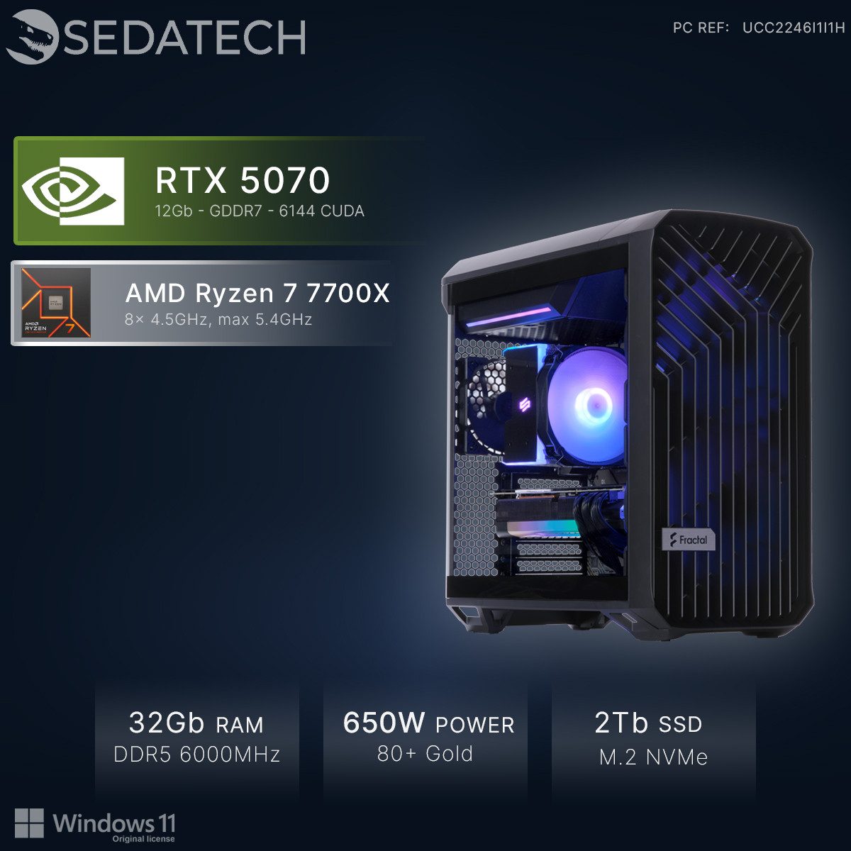 Sedatech UCC2246I1I1HF - Workstation Business-PC (AMD Ryzen 7 7700X 8x 4.5GHz (max 5.4GHz), Geforce RTX5070 12GB, 32 GB RAM, 2000 GB SSD, Wlan 7)