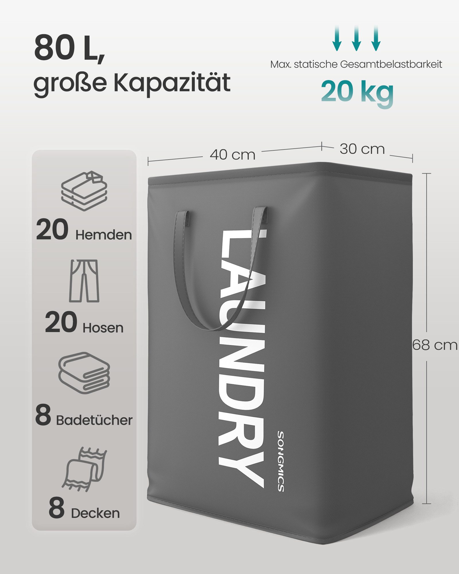 SONGMICS Wäschekorb, 80 L, Wäschesammler faltbar, Aufbewahrungskorb, mit Henkel, Wäschesack
