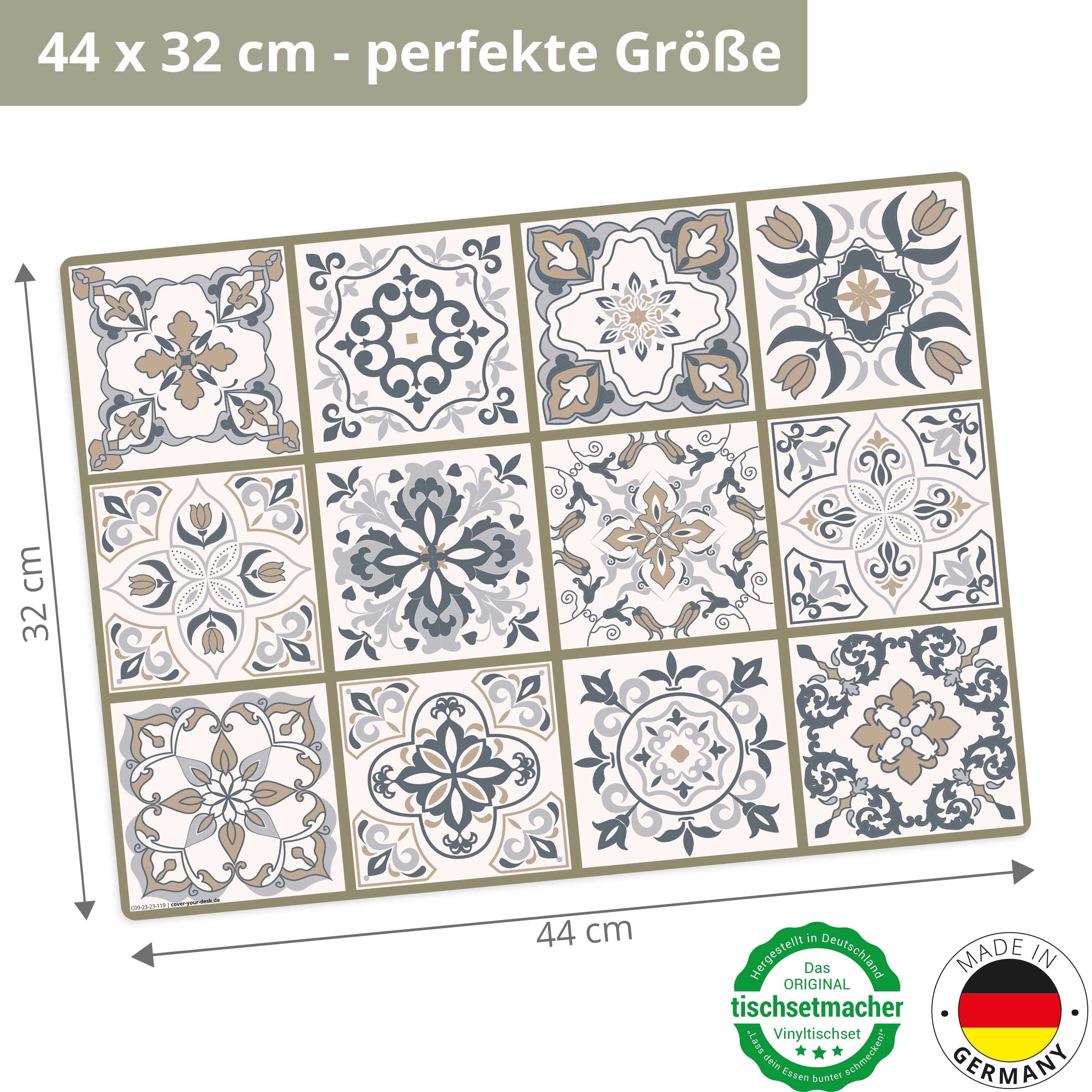 Tischsetmacher Platzset Tischset,  Platzset abwaschbar - Fliesenmuster grau-beige, (aus erstklassigem Vinyl, 4-St., 44 x 32 cm / beige), Made in Germany