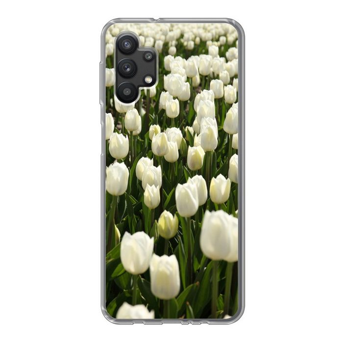 MuchoWow Handyhülle Weiße Tulpen auf einem Feld Handyhülle Samsung Galaxy A32 5G Smartphone-Bumper Print Handy