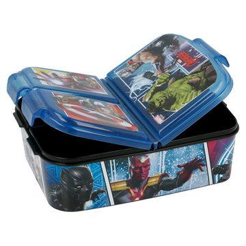 MARVEL Lunchbox Marvel Avengers Kinder 4 teiliges Set, (4-tlg), 3 Kammern Brotdose Alu-Trinkflasche Besteck