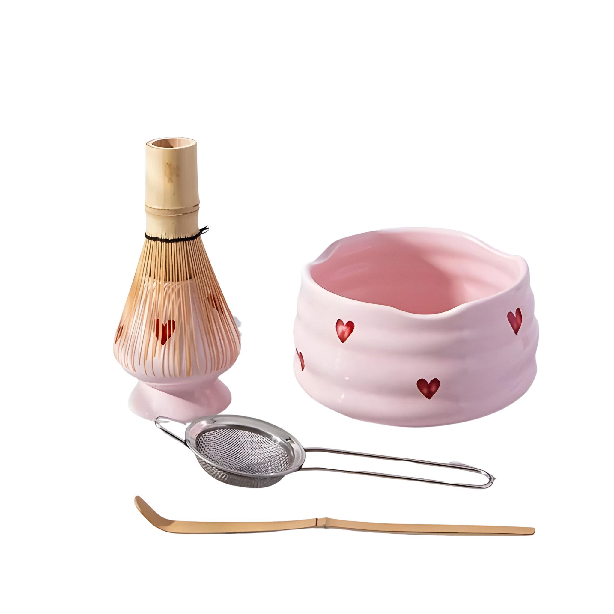 Norvéa Home Teeservice Matcha Set Rosa Herzdekor – 6-tlg. Matcha-Zubehör aus Keramik, 6 tlg. Set für traditionelle Matcha-Zubereitung