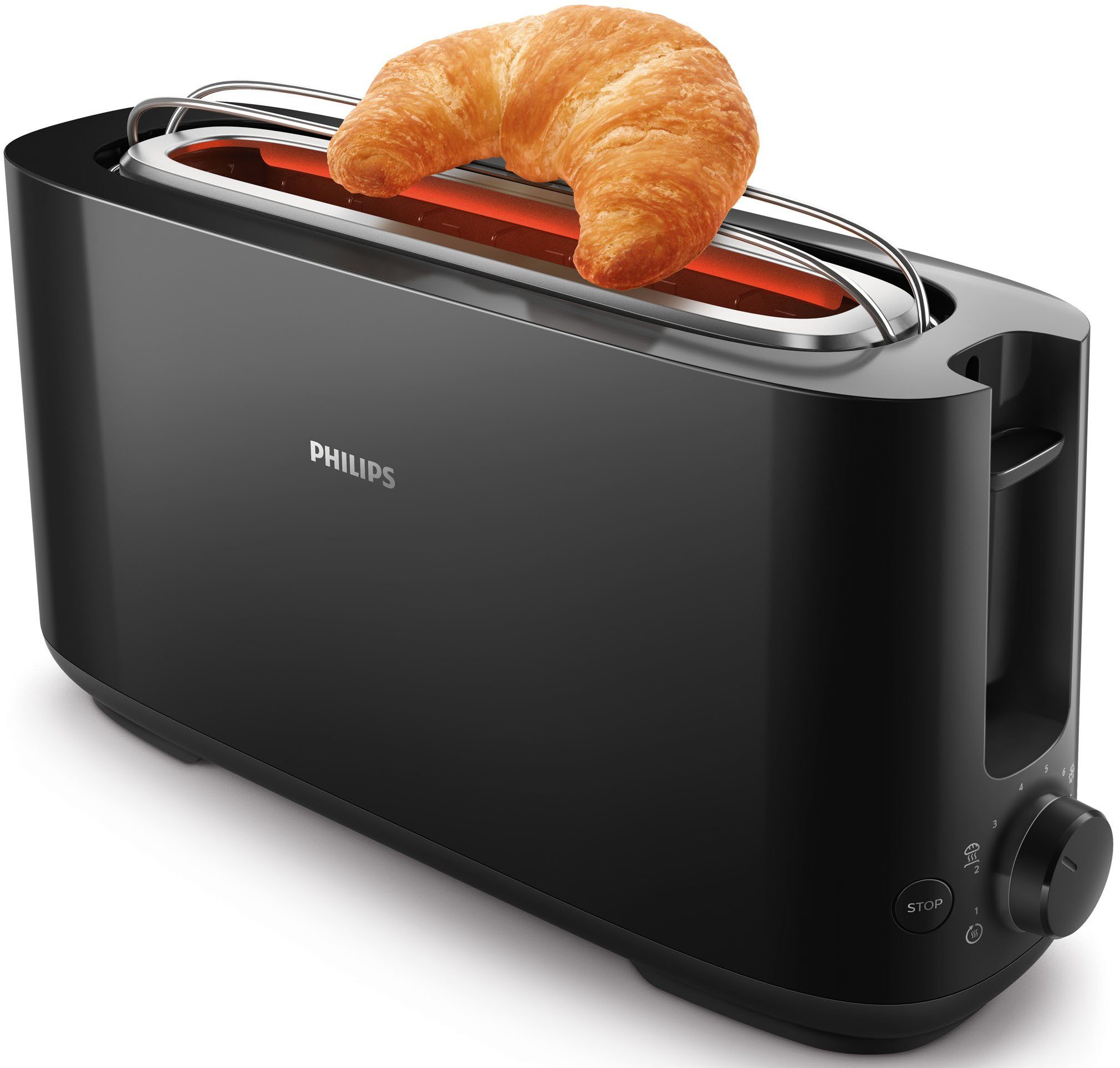 Philips Toaster HD2590/90, 1 langer Schlitz, für 2 Scheiben, 950 W, mit Aufwärm- und Auftaufunktion