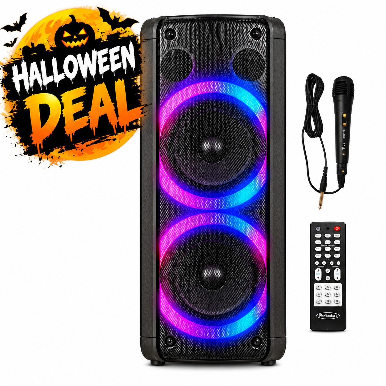 Reflexion PS09BT mit rotierenden Lichteffekten Party-Lautsprecher Stereo (Bluetooth, 500 W, Bluetooth, Radio, Karaoke, Disco-Licht Effekte, Micro-SD Slot)