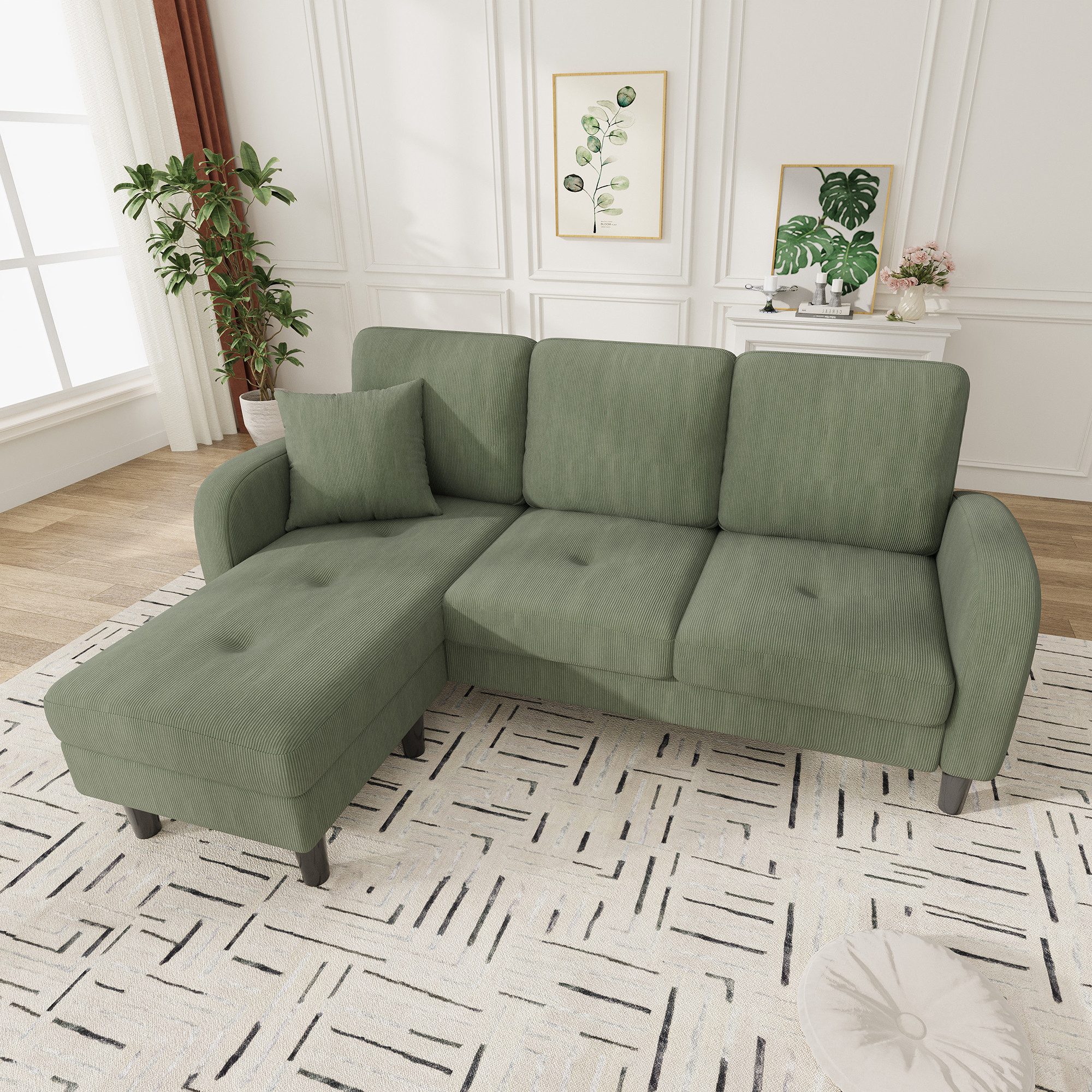 Merax Ecksofa L-förmiges Sofa mit Bettfunktion, Modulares Sofa aus Cordstoff, 1 Teile, 3-Sitzer Sofa mit Chaiselongue, Kissen & Kunststoffbeine, 166x118x77cm