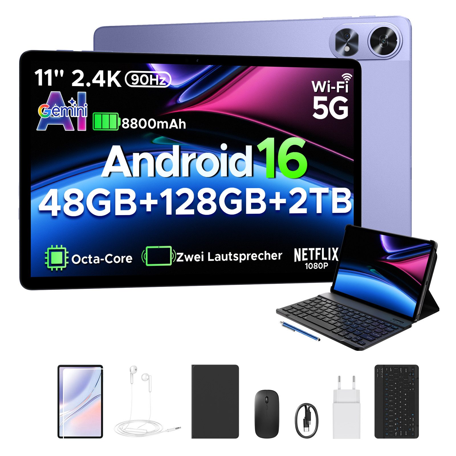 POCKAM P11 Pro Android 16 Tablet, 11" FHD+ 90Hz, 8800mAh, 18W Fast Charge Tablet (11", 128 GB, Android 16, WIFI, mit Tastatur, Stift & Maus, Gemini AI, Widevine L1, Face ID, GPS, OTG)