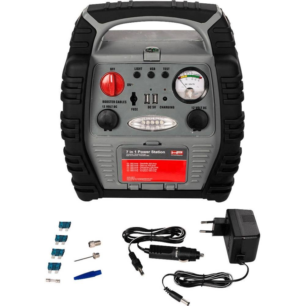 HP-AUTOZUBEHÖR Schnellstartsystem 20717 Energiestation, 12 V-Ausgang 2x, Ladezustandsanzeige, Metallzangen, Kompressor, SOS-Si
