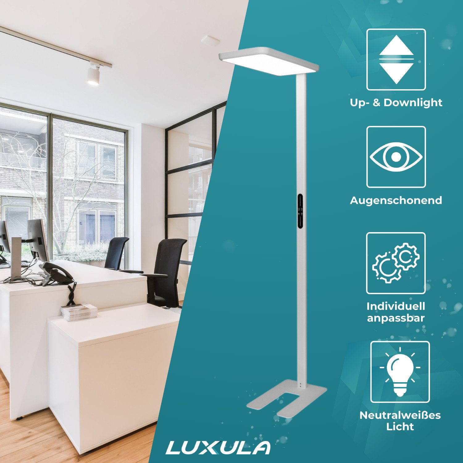 LUXULA LED Stehlampe Bürostehleuchte, dimmbar, Up & Down 2x50W, UGR<16 blendfrei, Tageslichtweiß, Neutralweiß, Vollspektrum CRI>98