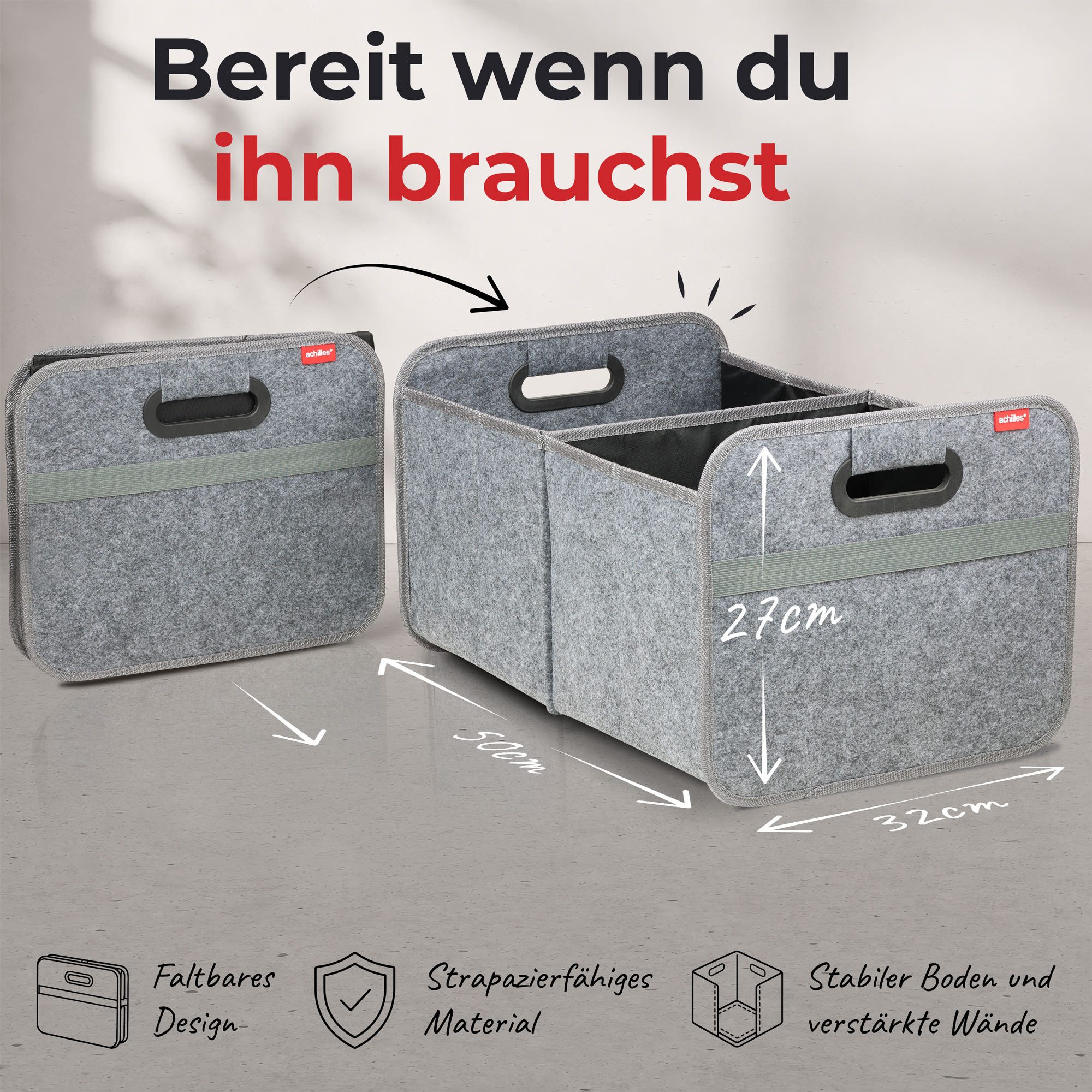 achilles Klappbox Auto Faltbox aus Filz, Kofferraumtasche, Einkaufstasche, Organizer