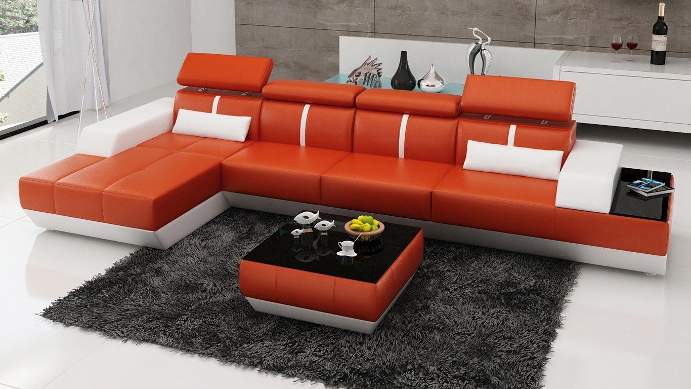 JVmoebel Ecksofa Moderne Sofa L Form Polster Hocker Couch Ecke Orange/Weiß Multifunktion Sitz 