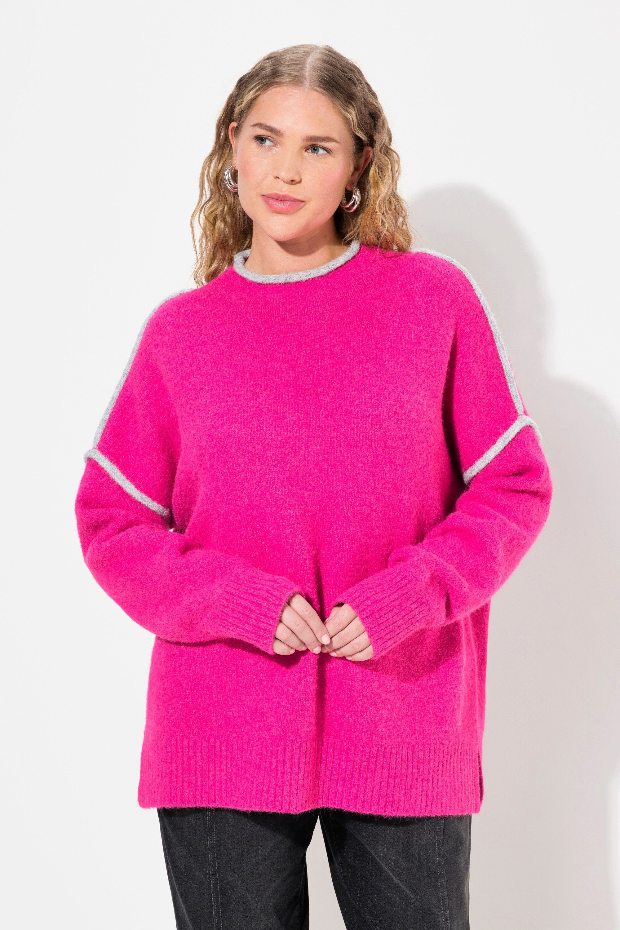 Rollkragenpullover Pullover Zierstreifen Oversized Stehkragen Langarm