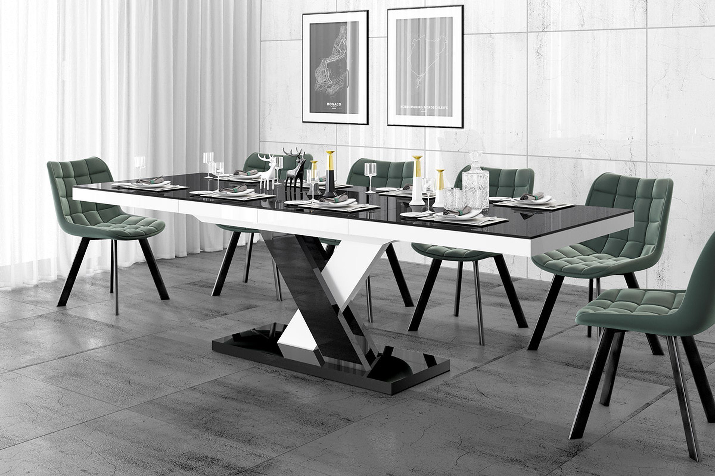 designimpex Esstisch Design Tisch HEN-111 Schwarz - Weiß Hochglanz ausziehbar 160 bis 256cm Schwarz Hochglanz / Weiß Hochglanz