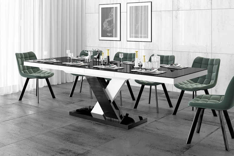 designimpex Esstisch Design Tisch HEN-111 Schwarz - Weiß Hochglanz ausziehbar 160 bis 256cm