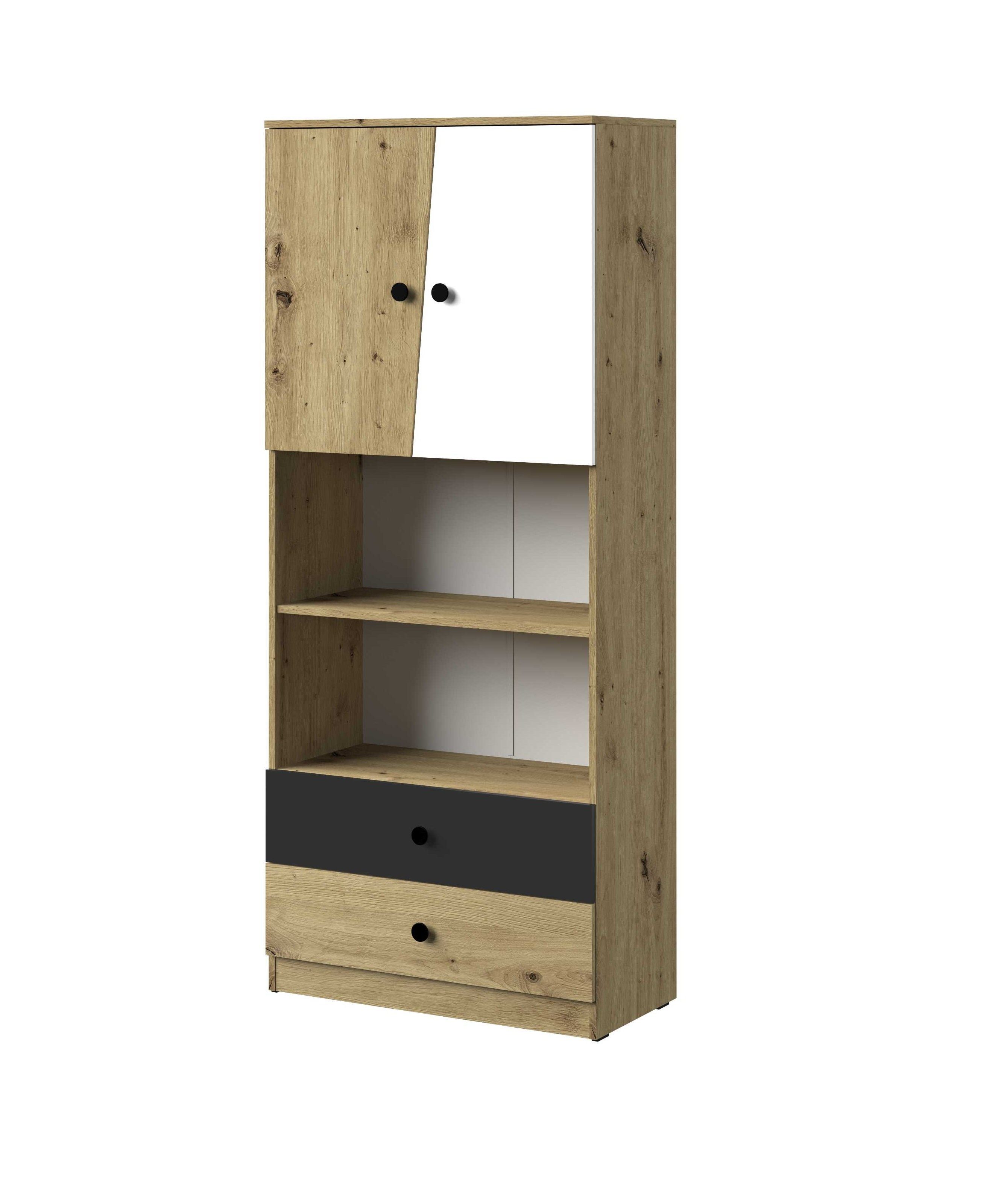 Stylefy Kinderkleiderschrank Narin IV (Standschrank, Kinderschrank) offene Fächer, mit Schubladen, Vollauszug, Design Modern, für Kinder Eiche Artisan Dekor - Weiß Matt - Schwarz Matt