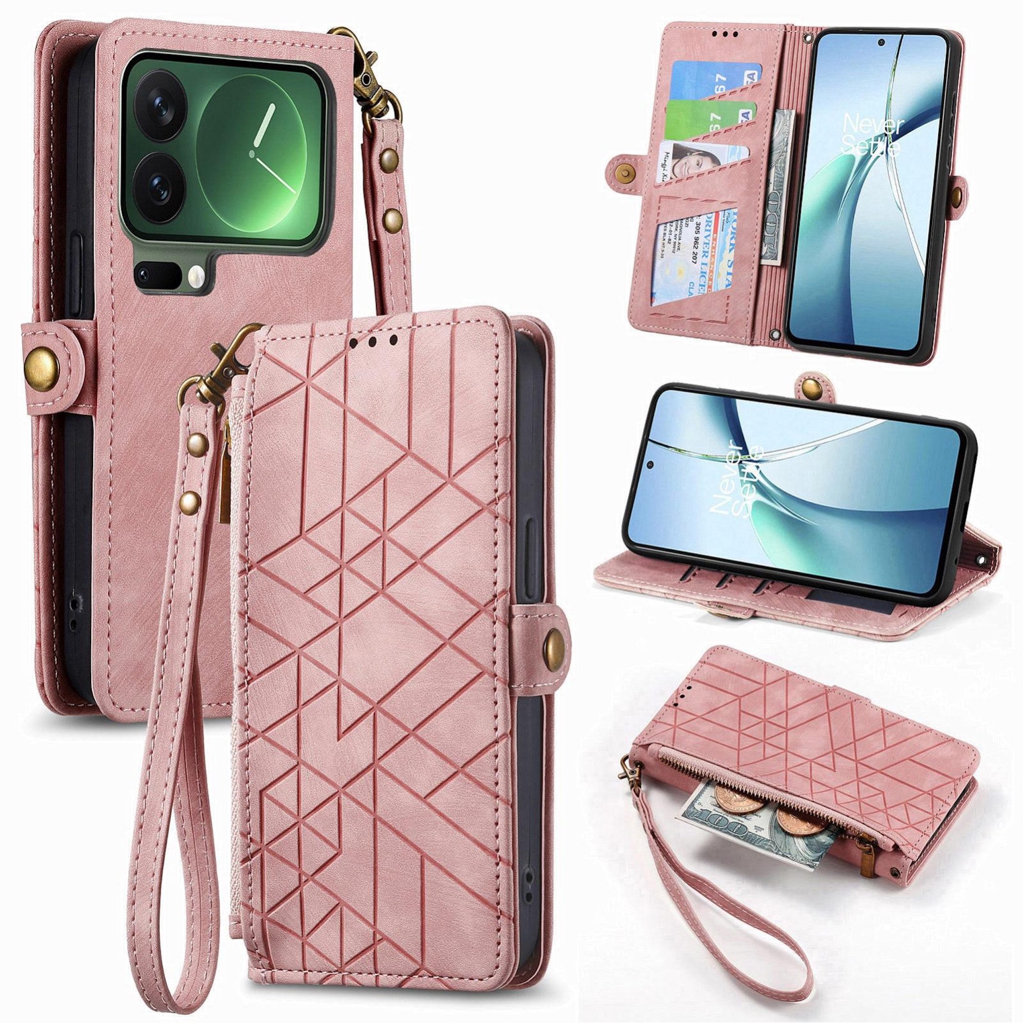 Wigento Handyhülle Für Xiaomi 17 Pro Max Geometric Kunstleder Zipper Book Hülle Rosa, Kartenfächer, Reißverschlussfach, Standfunktion