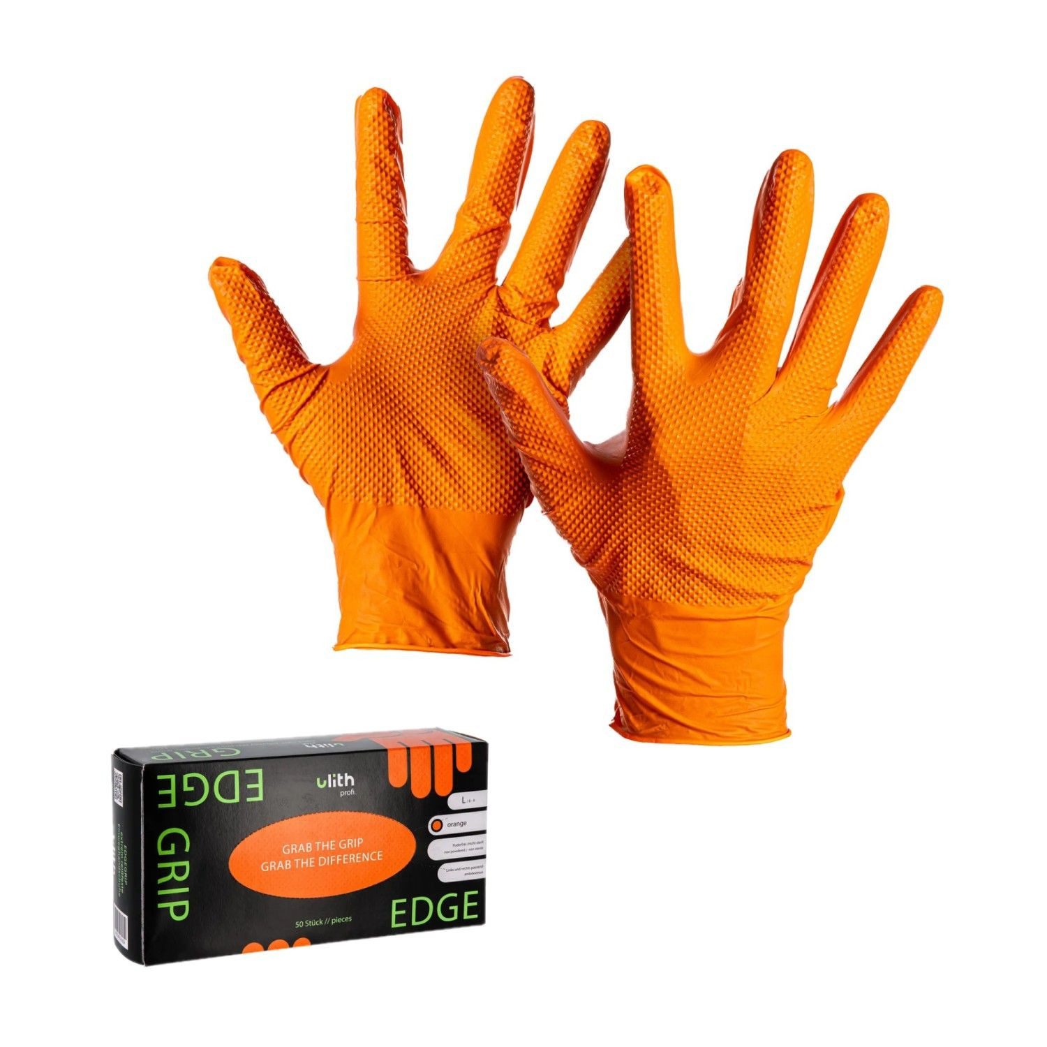 Ulith Einweghandschuhe Edge Grip Nitril Einweghandschuhe orange Diamantstruktur M (Set, 50-St., 50er) puderfrei NBR Arbeitshandschuhe Werkstatt