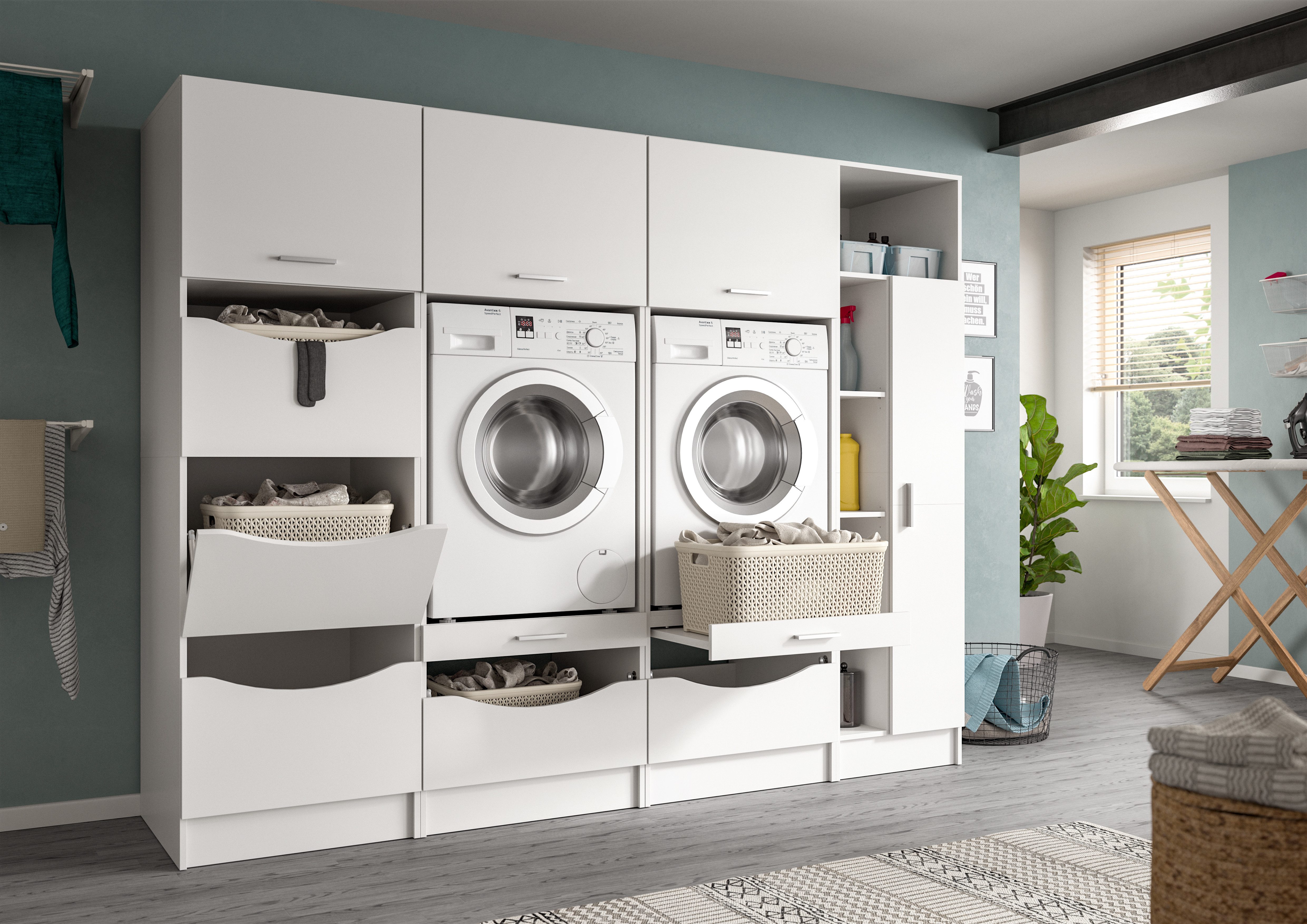 welltime Mehrzweckschrank-Set FALAS, 4-teilig, Hauswirtschaftsraum Set, Breite 242 cm, (Set, 4-St., 2x Waschmaschinenumbauschrank, 1x Wäscheschrank & 1x Mehrzweckschrank), Kombination, Waschmaschinenumbau, Waschmaschinenschrank, Wäschekammer