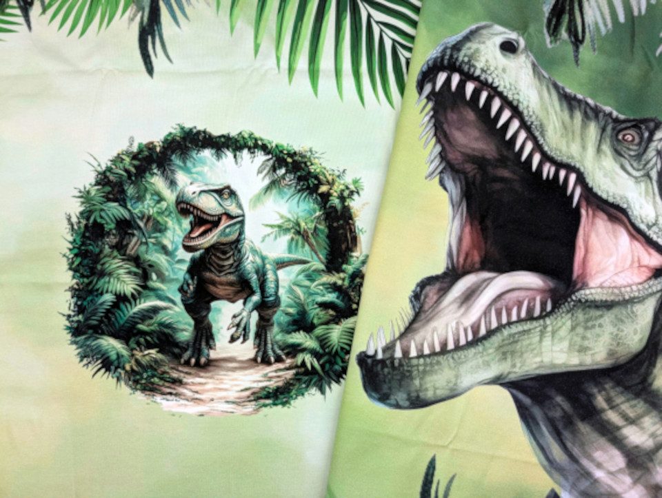 Corileo Stoff EP Baumwolljersey Panel Dino Rex Palmen 80 x 165 cm Stoff