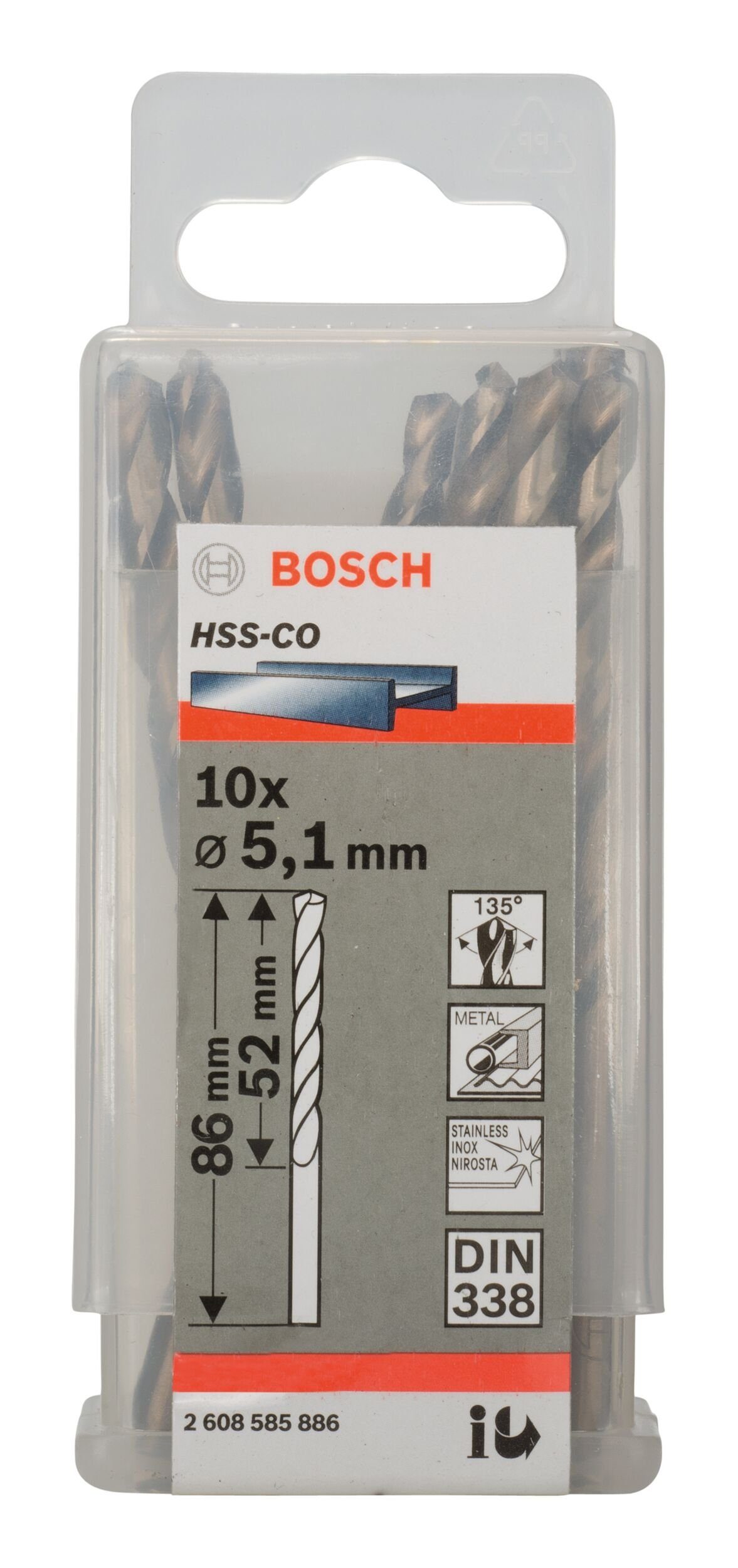 BOSCH Metallbohrer, (10 Stück), HSS-Co (DIN 338) x 52 mm 86 - x - 5,1 10er-Pack