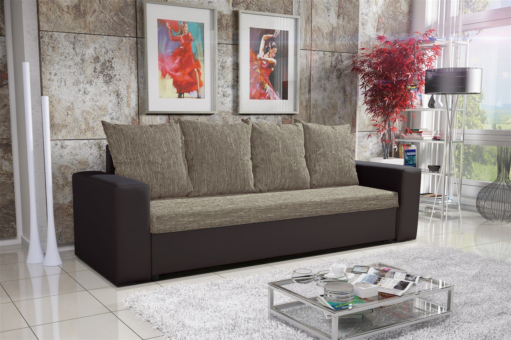 Sofagarnitur, 3-1-1 Möbel Fun inkl. inkl. Sofa-Set NINA Sofa Braun/Cappuccino 6 Rückenkissen, Bettkasten