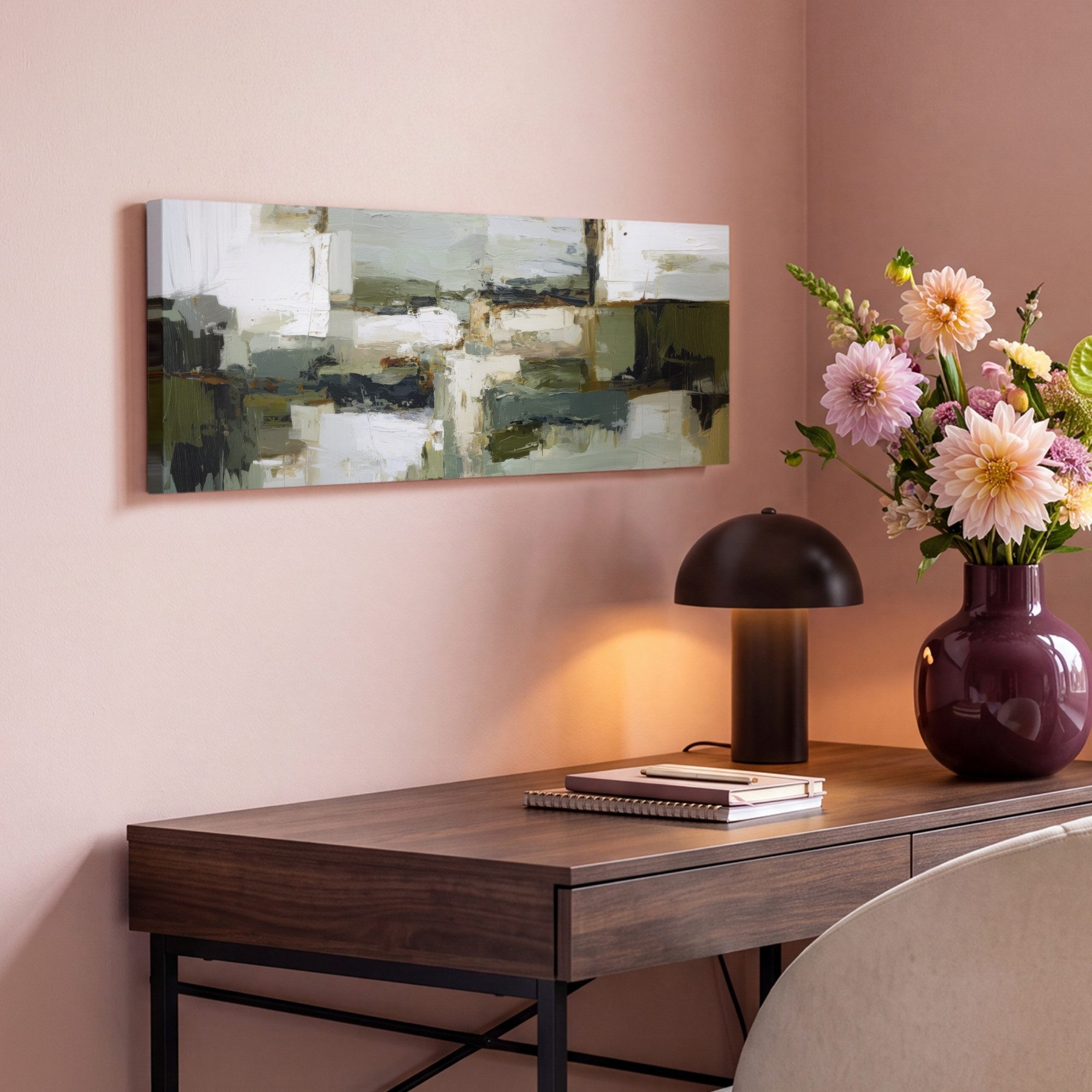 OneMillionCanvasses® Leinwandbild Panorama Pinselstriche - Grün - Abstrakt - Japandi, Fotodruck (1 St), Wandbild, Deko Schlafzimmer Wohnzimmer Flur 60x20 cm – Bild 4 von 5