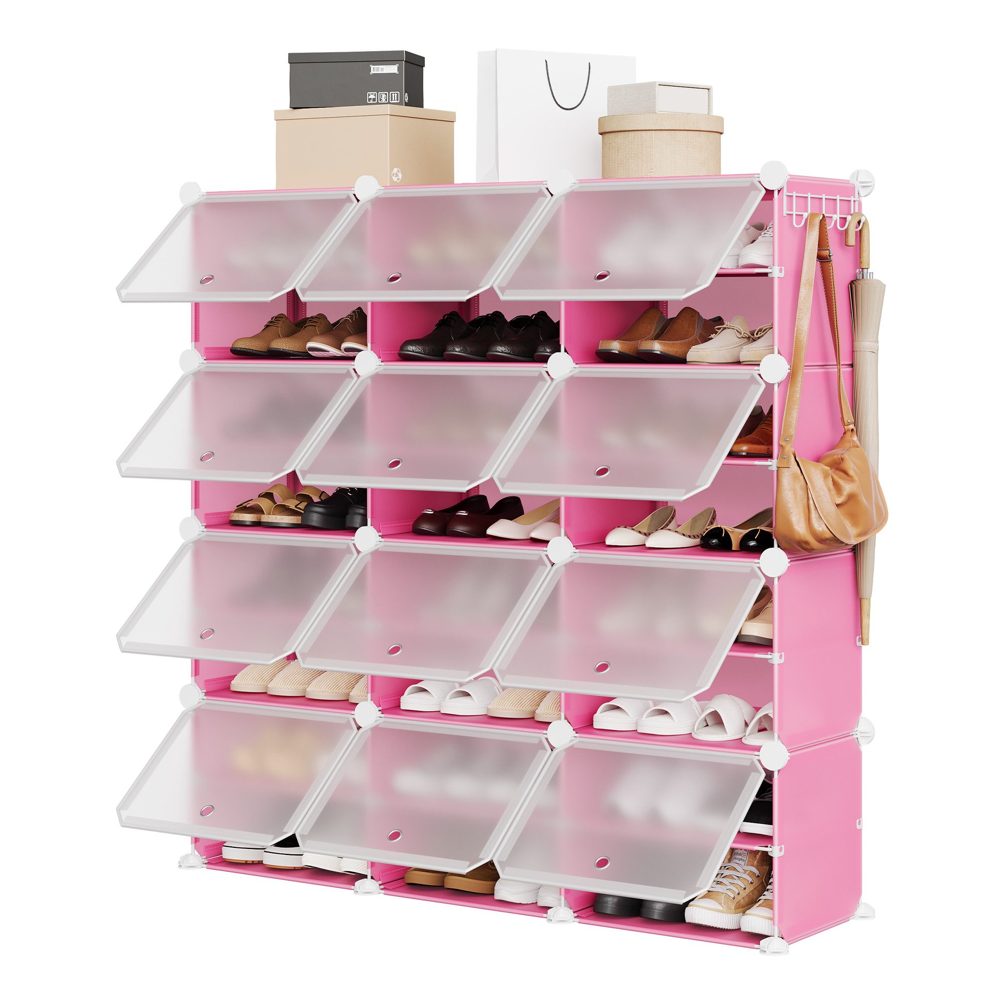 GarveeMore Schuhbox Schuhregal mit Türen, Haken, 3 Spalten, 8 Ebenen, 125x35x125 cm, wasserfest, rosa/blau, für Flur, Eingangsbereich, Garderobe