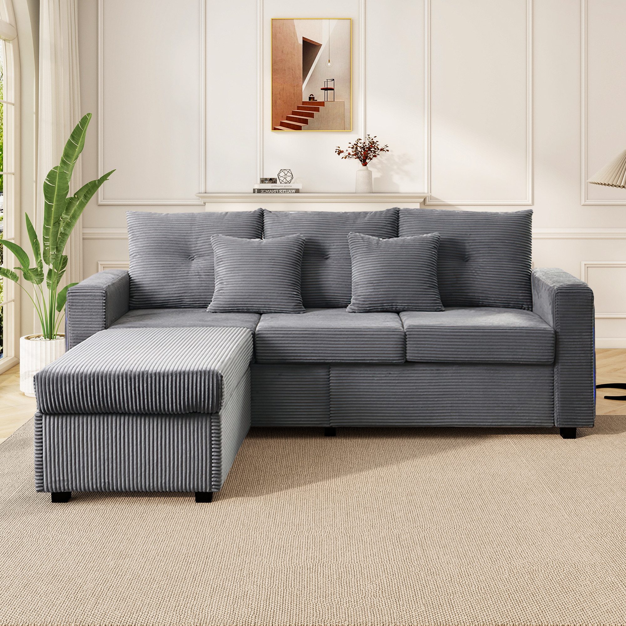 Merax 3-Sitzer L-förmiges Sofa mit LED-Beleuchtung, Wolkenweiches Sitzgefühl, Modulares Design, Cordstoff 1 Teile, 3-Sitzer Sofa mit Extra großer Ottoman, Seite – Bild 3 von 5